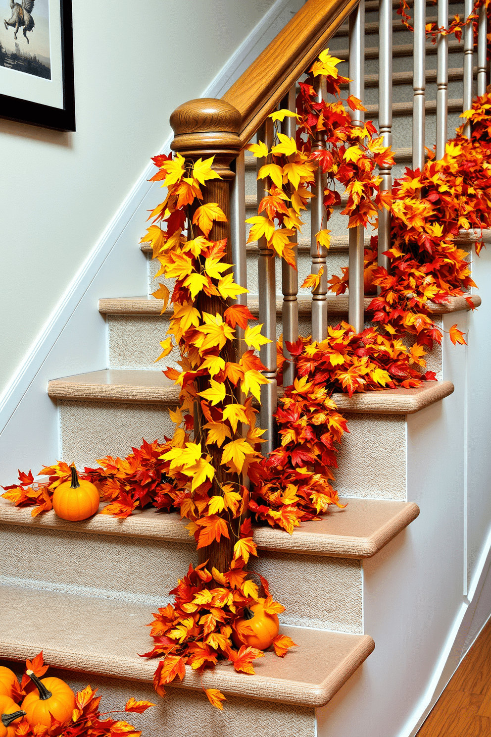 A cozy staircase adorned with colorful autumn leaves cascading down the handrail. The steps are lined with small pumpkins and clusters of vibrant leaves in shades of red, orange, and yellow, creating a warm and inviting atmosphere.