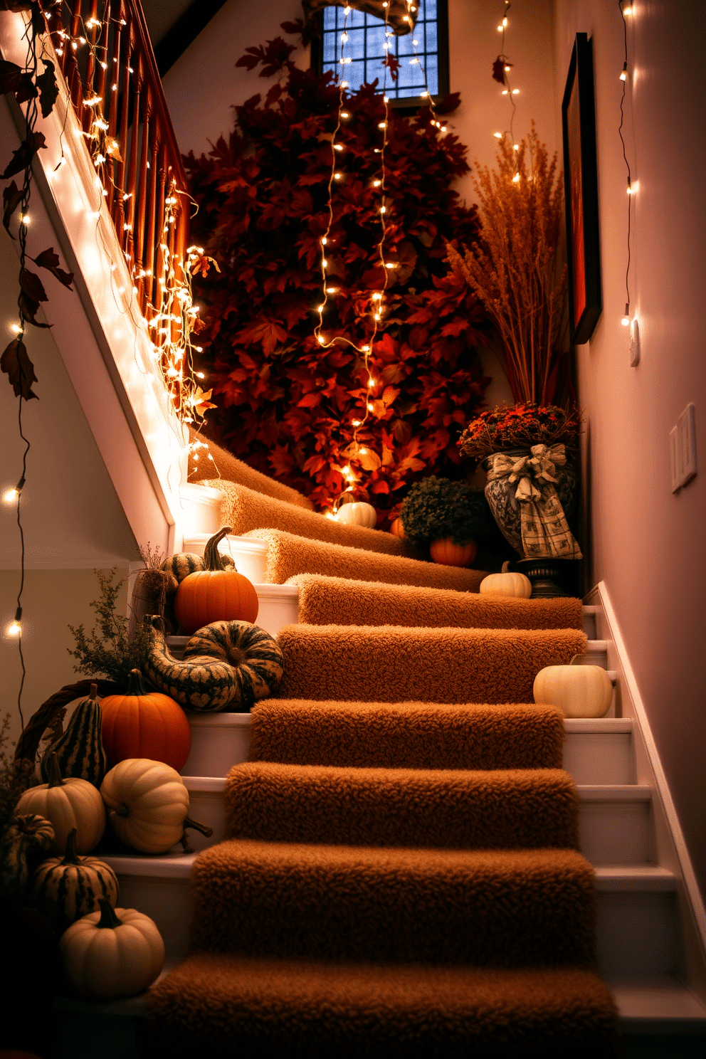 A cozy staircase adorned with draped fairy lights that create a warm and inviting glow. The lights twinkle softly against the backdrop of rich autumn foliage and seasonal decorations. The staircase is lined with pumpkins and gourds of various sizes, adding a festive touch to the fall decor. Plush, textured runners in warm hues complement the natural elements, enhancing the overall ambiance.