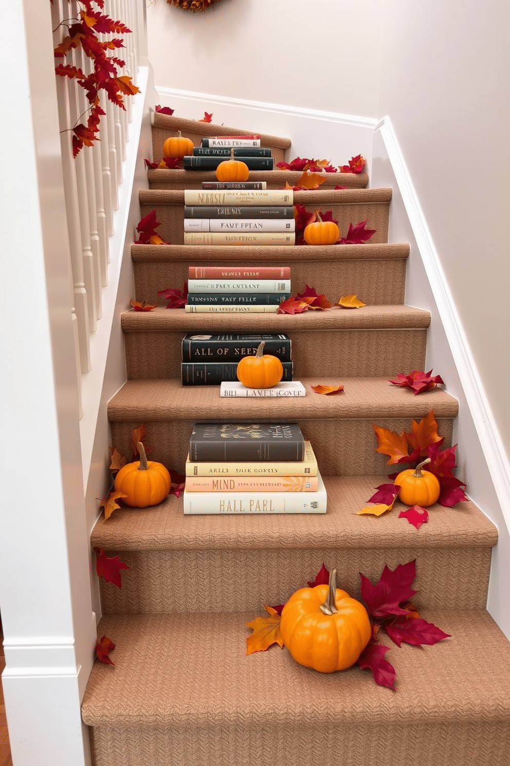 A cozy staircase adorned with a collection of fall-themed books nestled on each step. Surrounding the books are small decorative pumpkins and vibrant autumn leaves, creating a warm and inviting atmosphere.