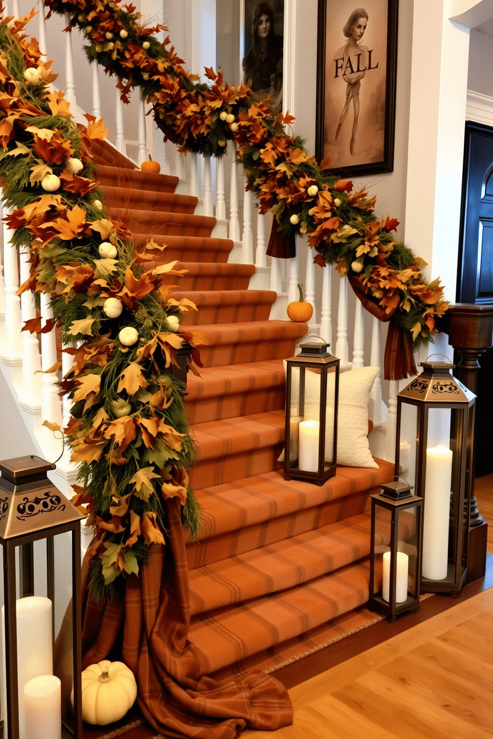 A stunning fall staircase adorned with rich textures and fabrics. The staircase is draped with a warm plaid runner, complemented by soft velvet cushions on the steps. Lush garlands of autumn leaves and small pumpkins are artfully arranged along the railing. Flickering lanterns with a rustic finish illuminate the space, creating a cozy atmosphere.