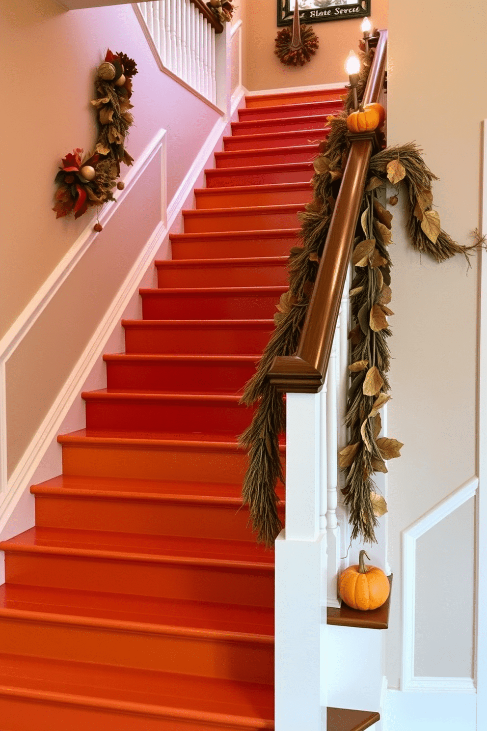 A stunning staircase adorned with warm autumn colors. The steps are painted in shades of burnt orange, deep red, and golden yellow, creating a vibrant and inviting atmosphere. Decorative elements such as small pumpkins and rustic garlands are placed along the banister. Soft, warm lighting illuminates the staircase, enhancing the seasonal charm of the decor.