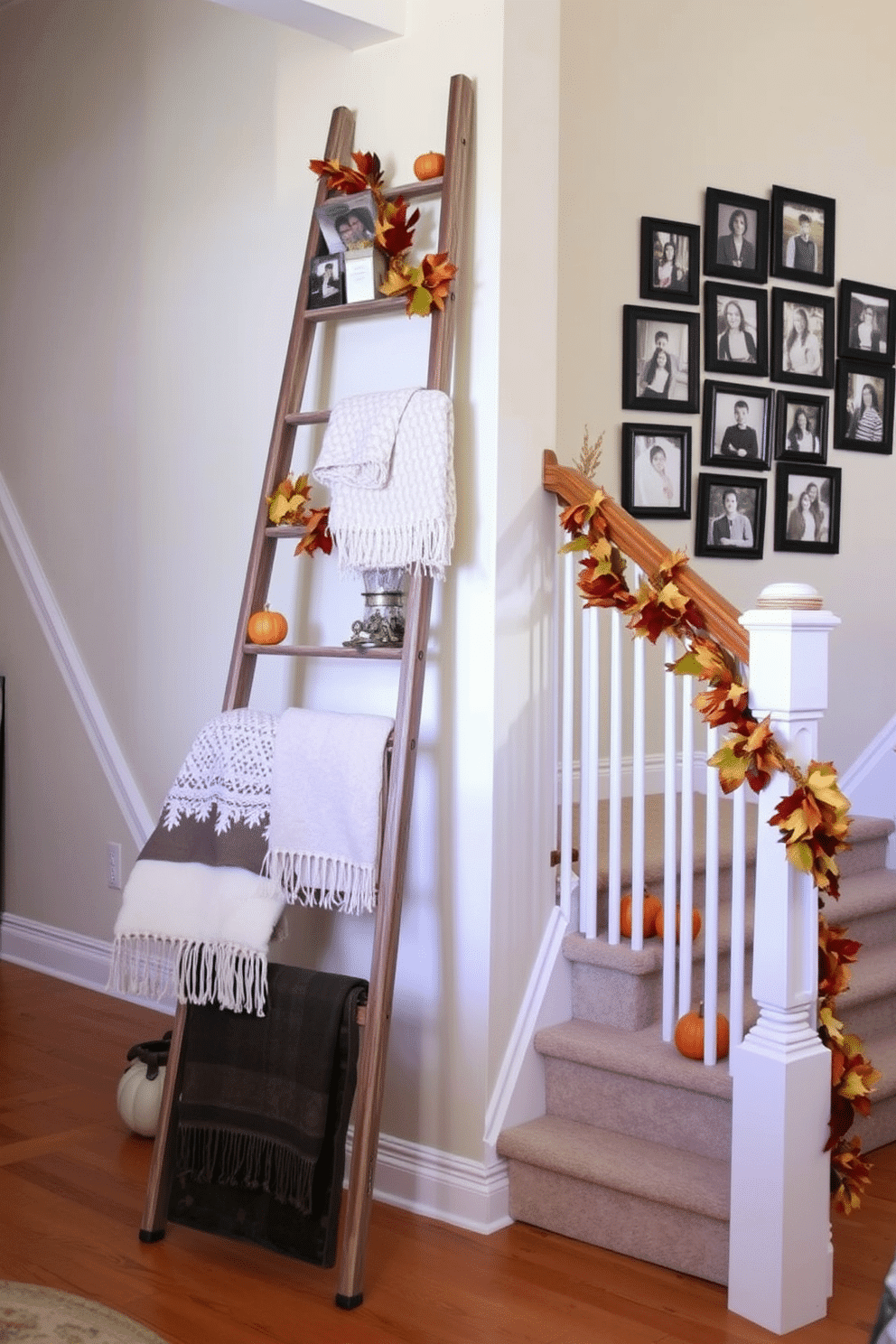 A vintage ladder leans against the wall, adorned with a collection of cozy blankets and seasonal decor items. Soft, warm lighting highlights the textures of the blankets and the rustic charm of the ladder, creating an inviting atmosphere. The staircase is decorated with garlands of autumn leaves and small pumpkins placed strategically along the steps. A collection of framed family photos is arranged on the wall beside the ladder, adding a personal touch to the fall decor.