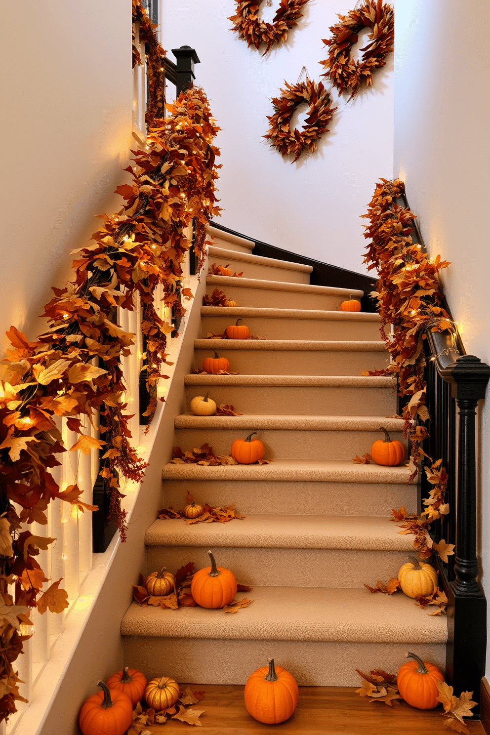 A cozy staircase adorned with fall decorations. The steps are lined with small pumpkins in varying sizes and colors, while garlands of autumn leaves drape elegantly along the banister. Warm-toned wreaths made of dried leaves and berries hang on the wall at intervals. Soft golden fairy lights twinkle gently, adding a warm glow to the inviting fall atmosphere.