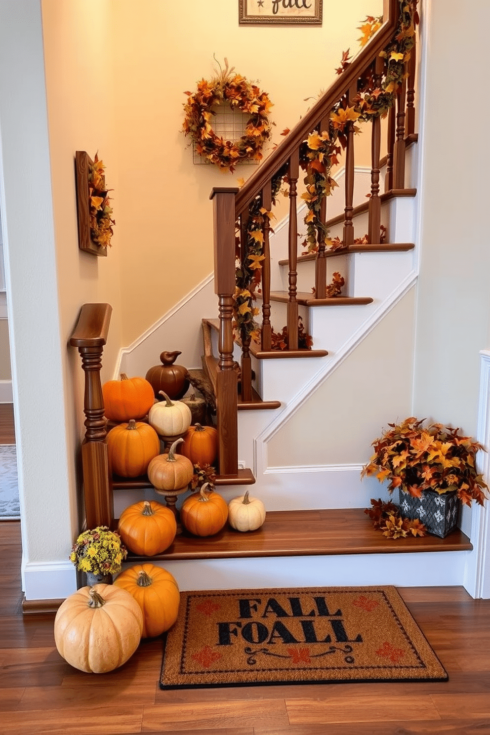 A cozy fall staircase adorned with warm hues and seasonal decorations. The staircase features a rich wooden banister and is lined with pumpkins, gourds, and vibrant autumn leaves. At the bottom of the staircase, a charming seasonal doormat welcomes guests with a festive design. Soft, warm lighting highlights the decor, creating an inviting atmosphere for the fall season.