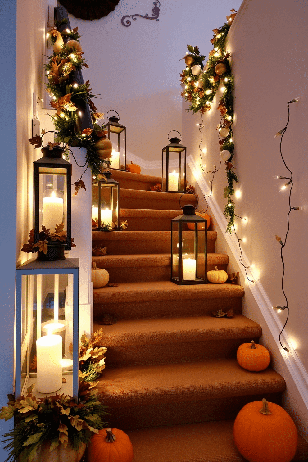 A fall staircase adorned with decorative lanterns creates a warm and inviting atmosphere. The steps are lined with a mix of pumpkins and seasonal foliage, enhancing the autumnal charm. Each lantern is filled with soft, flickering candles that cast a gentle glow. Twinkling fairy lights are intertwined with garlands of leaves, adding a magical touch to the staircase.