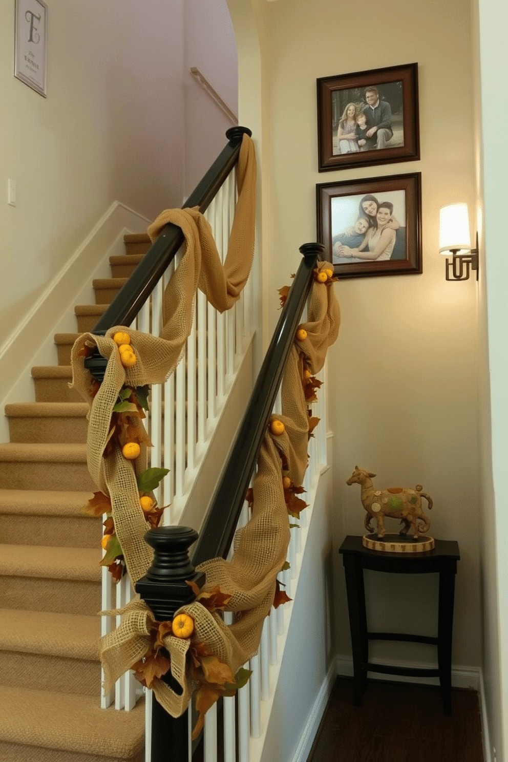 A charming staircase adorned with burlap accents creates a warm rustic atmosphere. The stairs are lined with a series of burlap-wrapped garlands intertwined with autumn leaves and small pumpkins. On the wall beside the staircase, framed family photos are displayed in wooden frames, enhancing the cozy feel. Soft lighting from sconces illuminates the space, casting a gentle glow that highlights the burlap details.