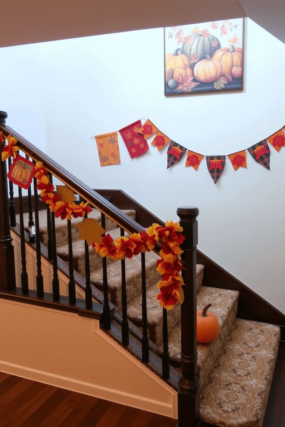 Hang autumn-themed banners or bunting along the railing of the staircase. Incorporate warm colors like orange, red, and yellow to create a cozy fall atmosphere. Adorn the walls with seasonal artwork depicting autumn leaves and pumpkins. Add small decorative pumpkins on the staircase steps for an inviting touch.