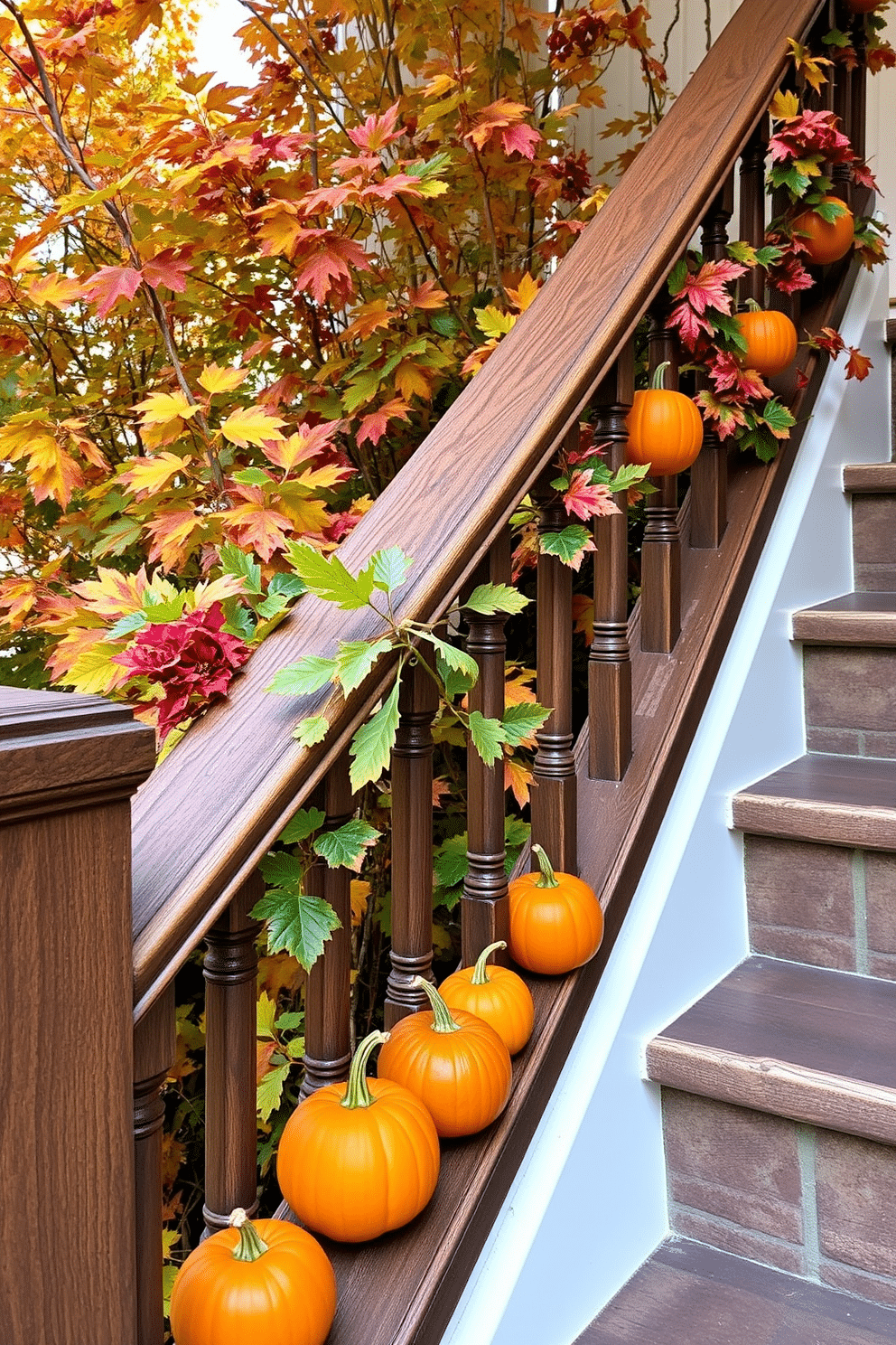 A cozy staircase adorned for fall with mini pumpkins placed along the wooden railing. The warm tones of the pumpkins complement the rich hues of the surrounding autumn leaves, creating a festive and inviting atmosphere.