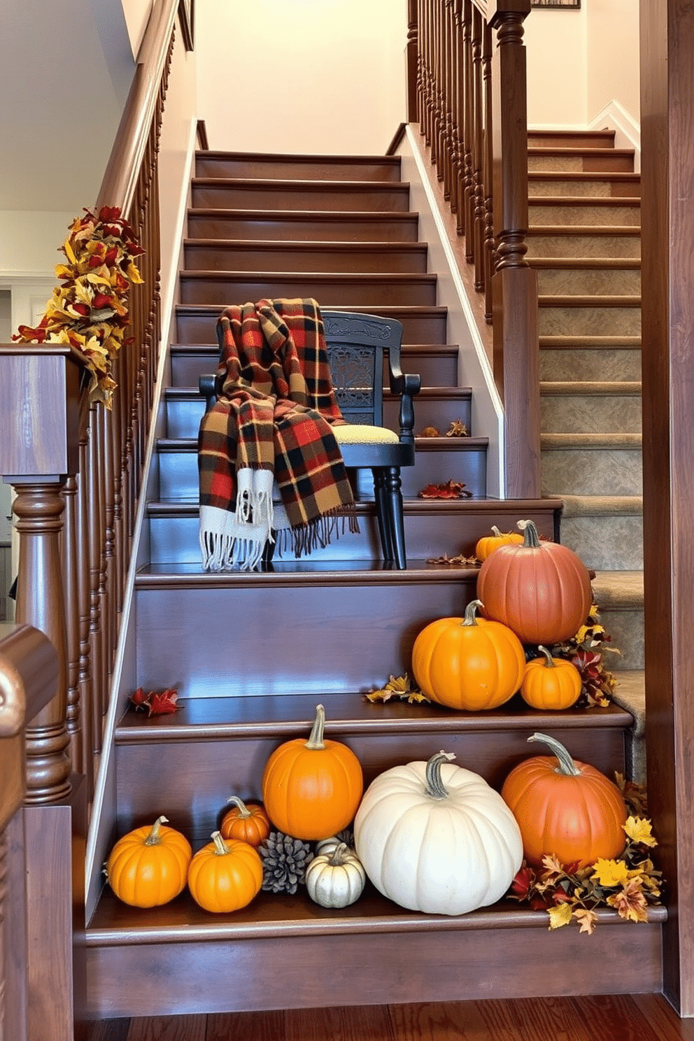 A charming staircase adorned for fall. There is a wooden staircase with a rich brown finish, decorated with a cozy chair positioned at the landing, draped with a warm plaid throw. Vibrant pumpkins of various sizes are placed on the steps, accompanied by an assortment of colorful autumn leaves. Soft, warm lighting illuminates the space, creating an inviting atmosphere perfect for the season.