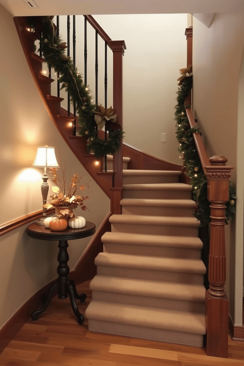 A cozy staircase adorned for fall with a rich wooden bannister. Along the steps, a small round table is placed, featuring a seasonal centerpiece of pumpkins and autumn leaves. The walls are painted in a warm beige tone, enhancing the inviting atmosphere. Soft golden lights illuminate the staircase, creating a warm and welcoming glow.