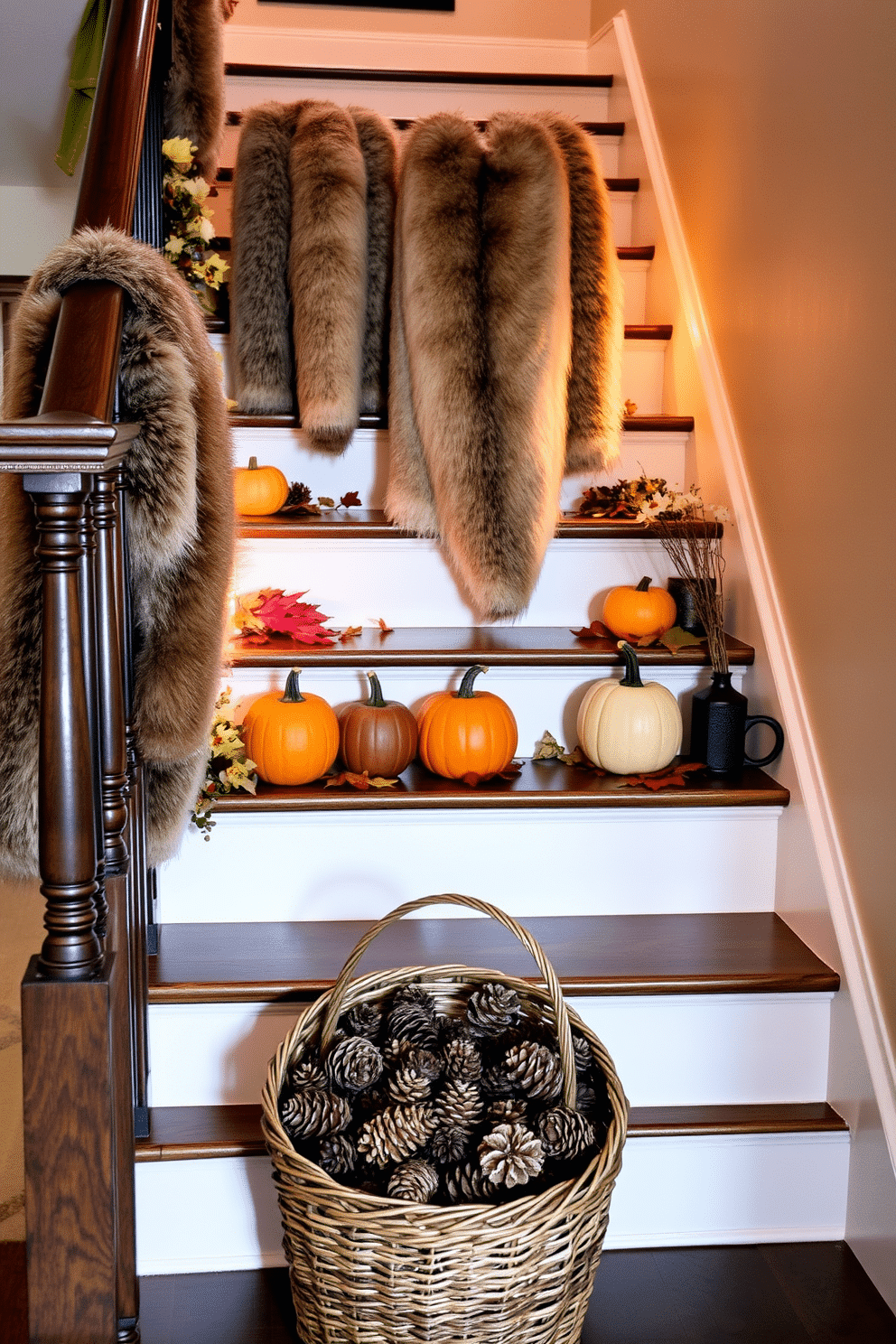 A cozy staircase adorned with faux fur throws draped over the railing creates an inviting atmosphere. The steps are lined with pumpkins and autumn leaves, enhancing the seasonal charm. Warm lighting illuminates the space, highlighting the textures of the faux fur and the rich colors of the fall decor. A rustic basket filled with pinecones sits at the base of the staircase, adding a touch of natural elegance.