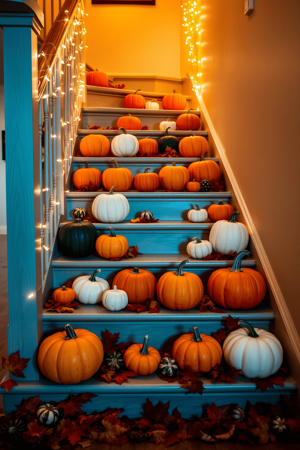 A warm and inviting staircase adorned with a variety of pumpkins in different sizes. The pumpkins are arranged on each step, mixing shades of orange, white, and deep green for a vibrant fall display. Soft, twinkling string lights are draped along the banister, adding a cozy glow to the autumn decor. Surrounding the pumpkins are scattered leaves in rich hues of red, yellow, and brown, enhancing the seasonal charm.