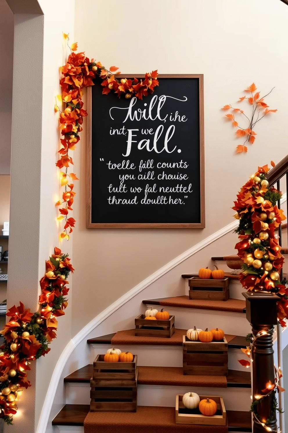 A large chalkboard is displayed prominently on the wall, filled with inspiring fall quotes written in elegant white chalk. Surrounding the chalkboard are warm-toned decorations, including miniature pumpkins and autumn leaves, creating a cozy atmosphere. The staircase is adorned with garlands of faux leaves and twinkling fairy lights, enhancing the seasonal charm. On each step, small wooden crates filled with seasonal decor, such as gourds and candles, invite guests to appreciate the fall spirit as they ascend.