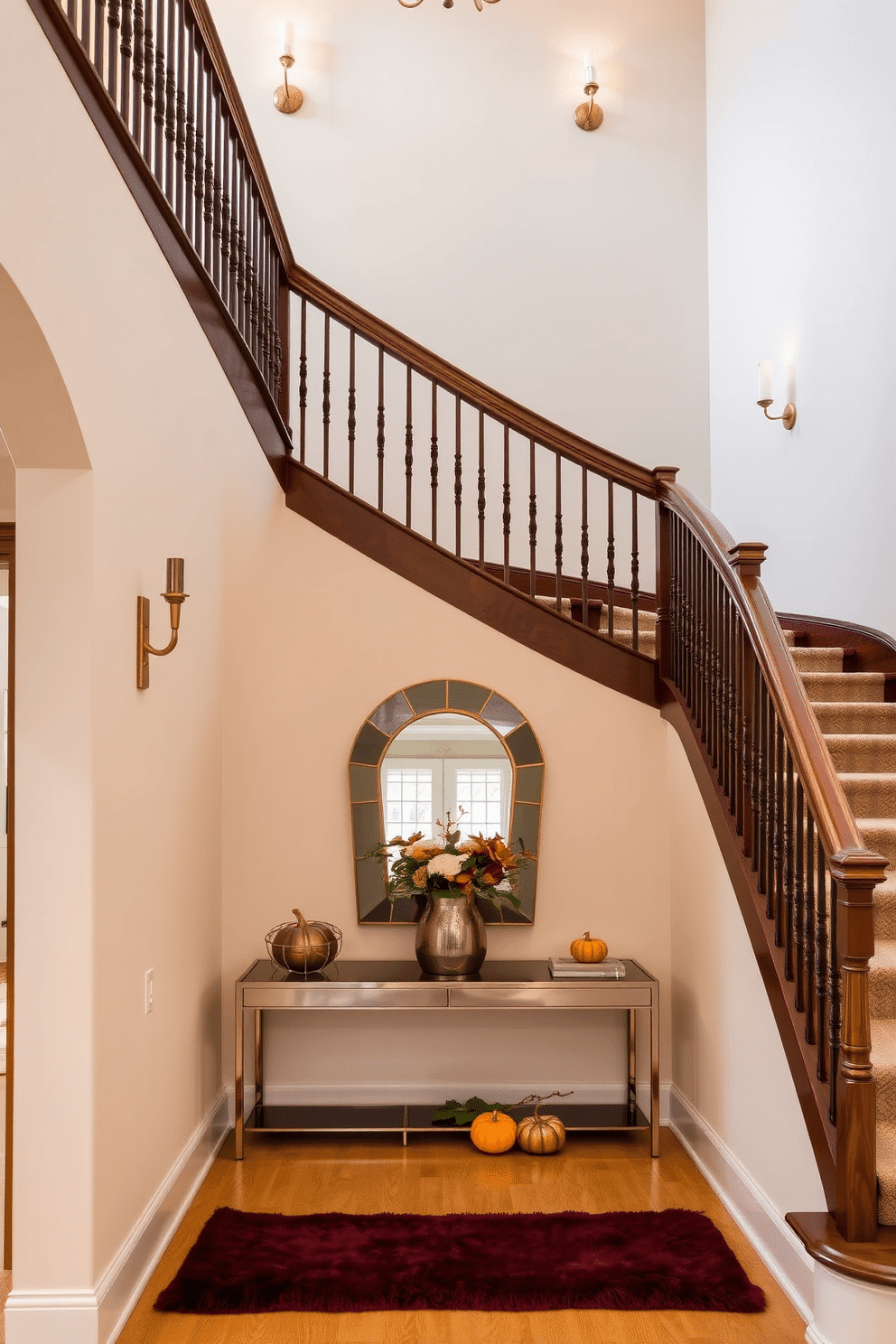 A grand staircase adorned with a rich wooden banister that elegantly curves upward. The walls are painted in a soft cream hue, accentuated by metallic gold wall sconces that cast a warm glow. On the staircase, a plush runner in deep burgundy adds a pop of color, while decorative pumpkins and seasonal foliage are artfully arranged on the steps. At the landing, a sleek console table with a metallic finish holds a striking mirror and a vase of fresh flowers, enhancing the inviting atmosphere.