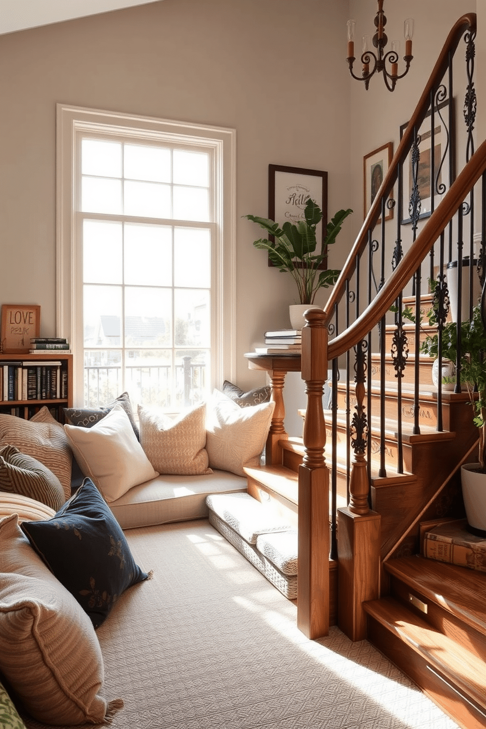 Create a cozy reading nook filled with plush cushions in various textures and colors. A large window allows natural light to flood the space, complemented by a small bookshelf filled with favorite novels. Design an elegant staircase that features a mix of wood and wrought iron railings. Soft lighting illuminates the steps, while decorative elements like framed artwork and potted plants enhance the overall aesthetic.