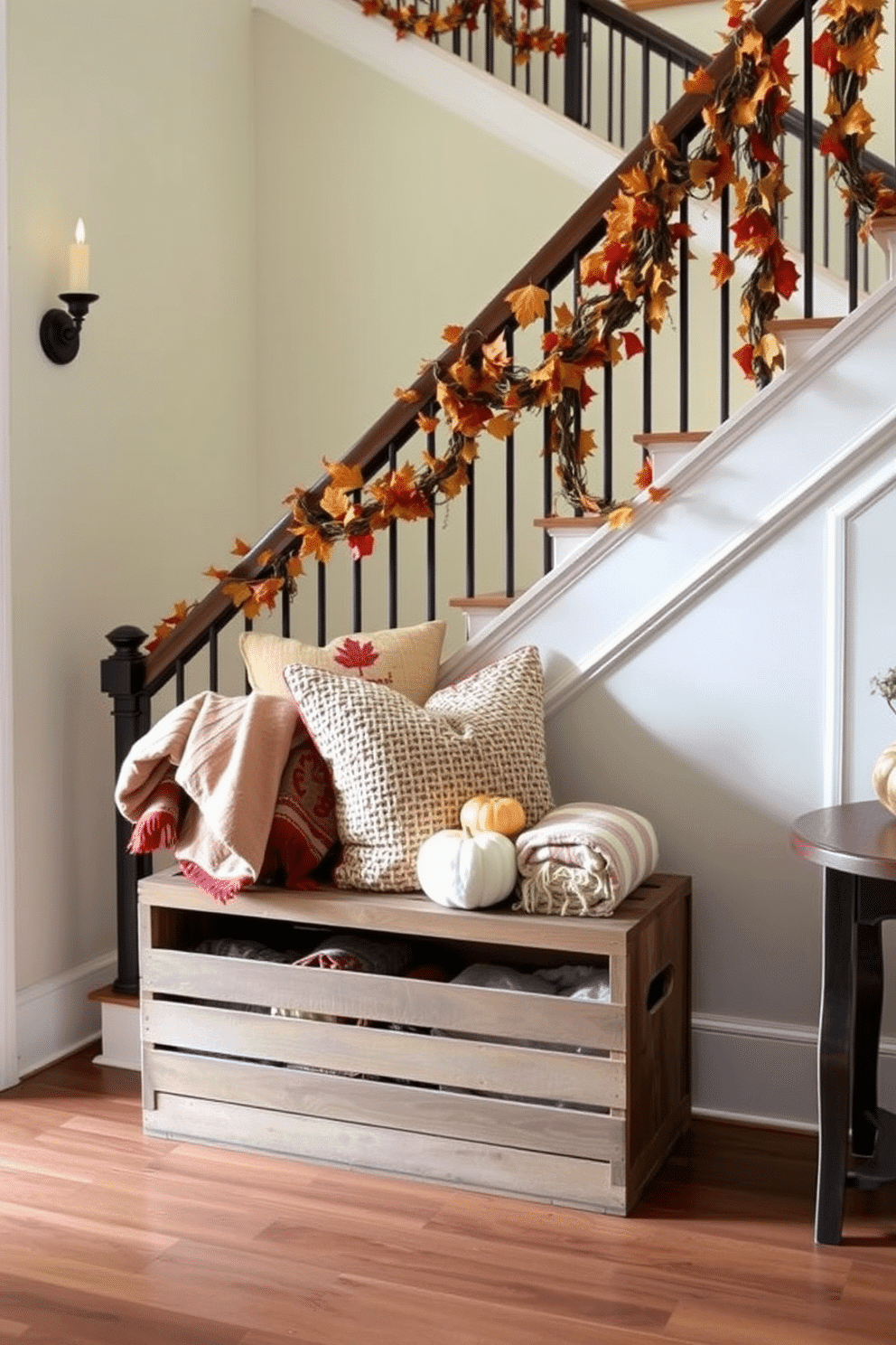 A vintage wooden crate is used as a charming storage solution at the base of a grand staircase. The crate is filled with cozy blankets and decorative pillows, adding warmth and character to the space. The staircase is adorned with seasonal decorations, featuring garlands of autumn leaves and small pumpkins. Soft lighting from sconces illuminates the staircase, creating a welcoming atmosphere for guests.