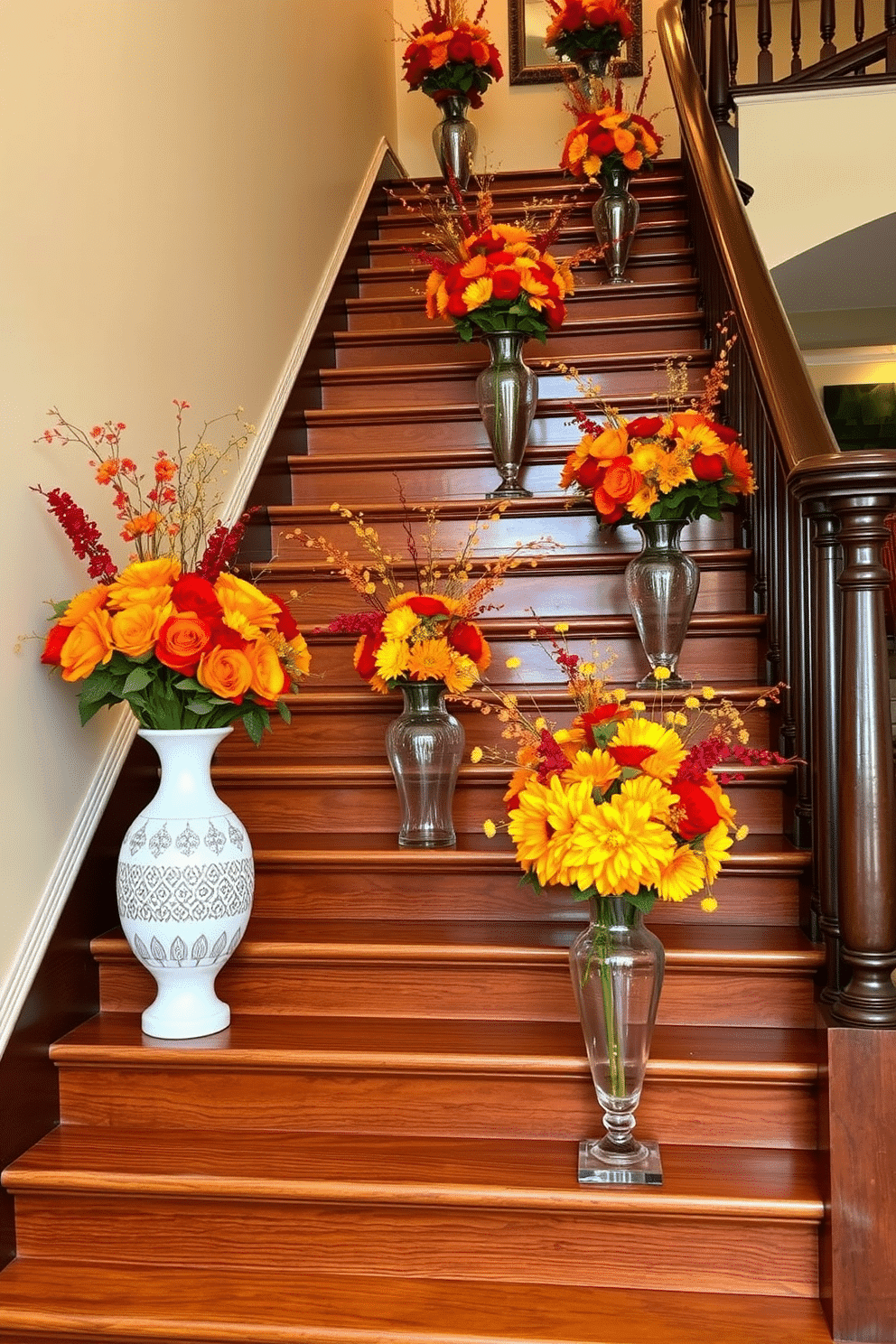 A beautifully decorated staircase adorned with colorful fall florals in elegant vases. The staircase features rich wooden steps and a classic banister, with vibrant arrangements of orange, red, and yellow flowers placed at various points along the ascent. Each vase is uniquely styled, some with intricate patterns and others in sleek glass. Soft golden lighting enhances the warm autumn hues, creating a welcoming atmosphere throughout the home.