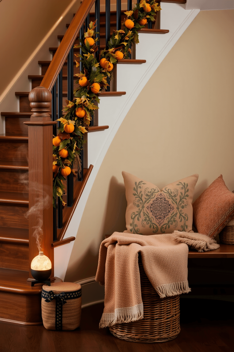 A warm and inviting staircase adorned for fall features rich wooden steps and a handrail decorated with a garland of autumn leaves and small pumpkins. At the base of the staircase, a seasonal scent diffuser emits notes of cinnamon and apple, enhancing the cozy atmosphere. Soft, ambient lighting highlights the natural textures of the decor, while plush throw pillows in earthy tones are placed on the adjacent bench. A woven basket filled with cozy blankets sits nearby, inviting guests to linger and enjoy the seasonal charm.