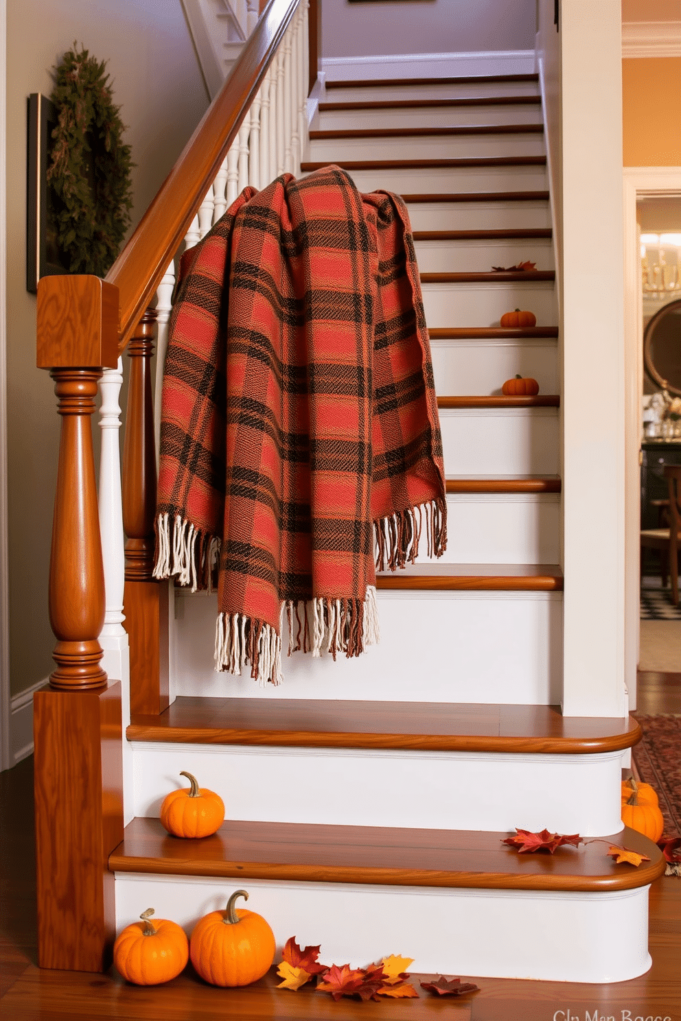 A warm and inviting staircase adorned with a cozy plaid throw blanket draped over the banister. The steps are lined with small pumpkins and autumn leaves, creating a seasonal touch that enhances the home's charm.