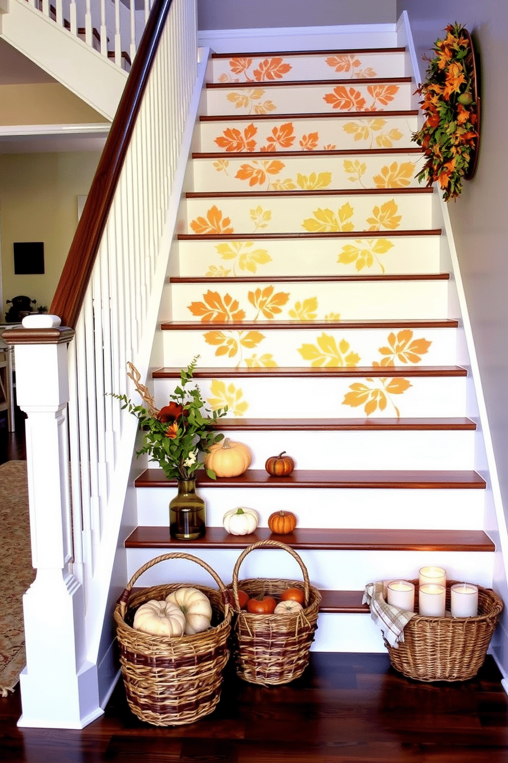 Create a warm and inviting staircase adorned with fall-themed stencil art. The staircase risers feature intricate leaf patterns in shades of orange, yellow, and red, enhancing the autumn ambiance. Incorporate natural elements by placing small pumpkins and gourds on the staircase steps. Complement the decor with cozy woven baskets filled with seasonal foliage and scented candles for a welcoming touch.