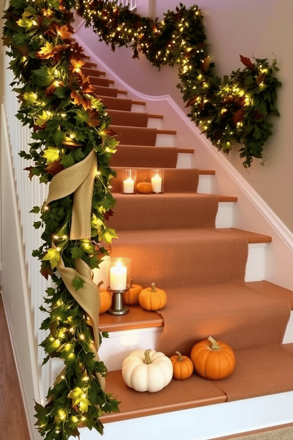 A stunning fall staircase adorned with lush garlands of autumn leaves and twinkling fairy lights. LED candles are strategically placed along the steps, casting a warm glow that enhances the seasonal decor. The staircase railing is wrapped with burlap ribbon, adding a rustic touch to the overall design. Small pumpkins and gourds are artfully arranged on the steps, complementing the rich colors of the fall foliage.