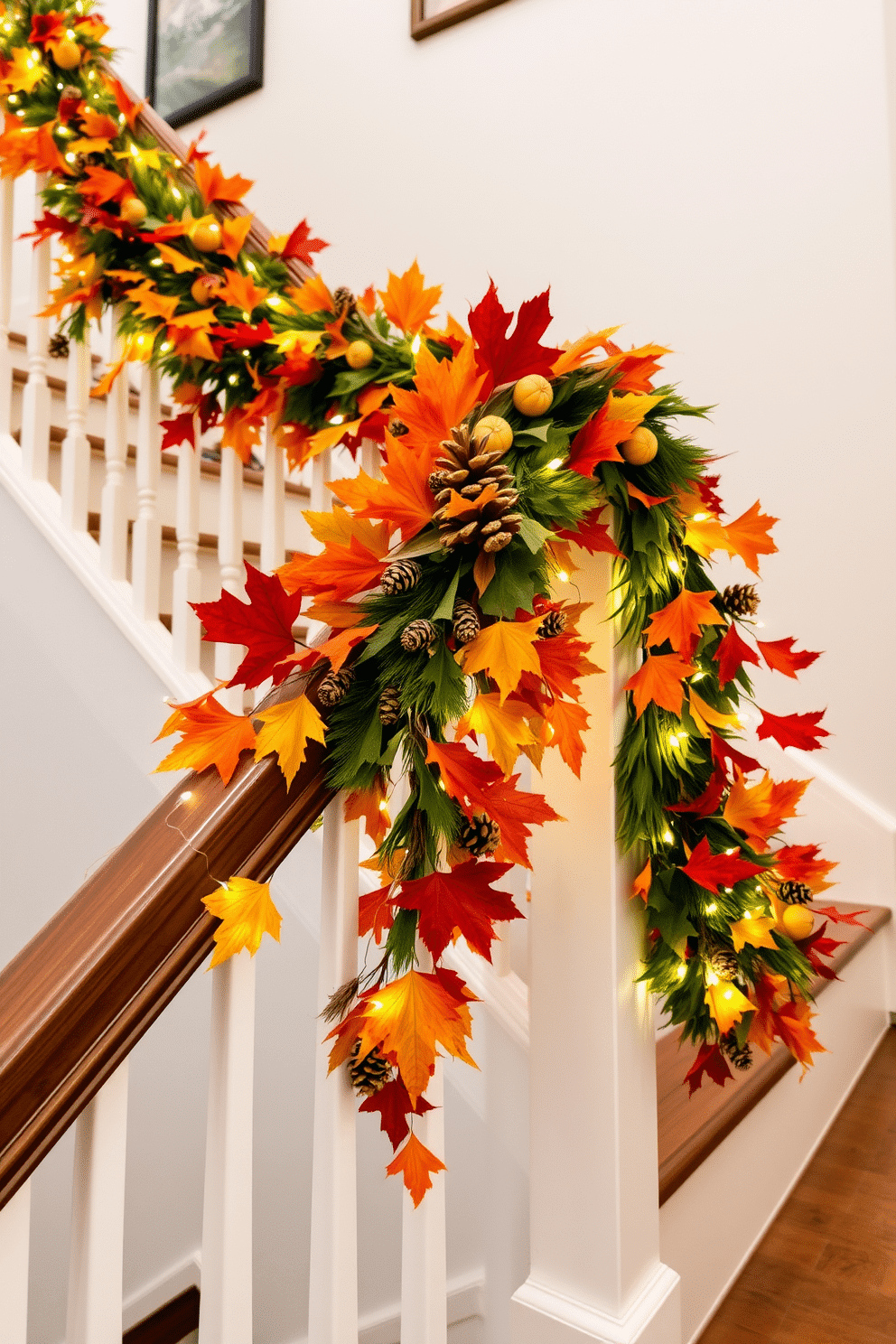 Create a garland using vibrant seasonal foliage that captures the essence of fall. Incorporate rich hues of orange, red, and yellow leaves along with pinecones and small pumpkins for added texture and interest. Drape the garland gracefully along the banister of the staircase, ensuring it complements the surrounding decor. Enhance the display with twinkling fairy lights to create a warm and inviting atmosphere.