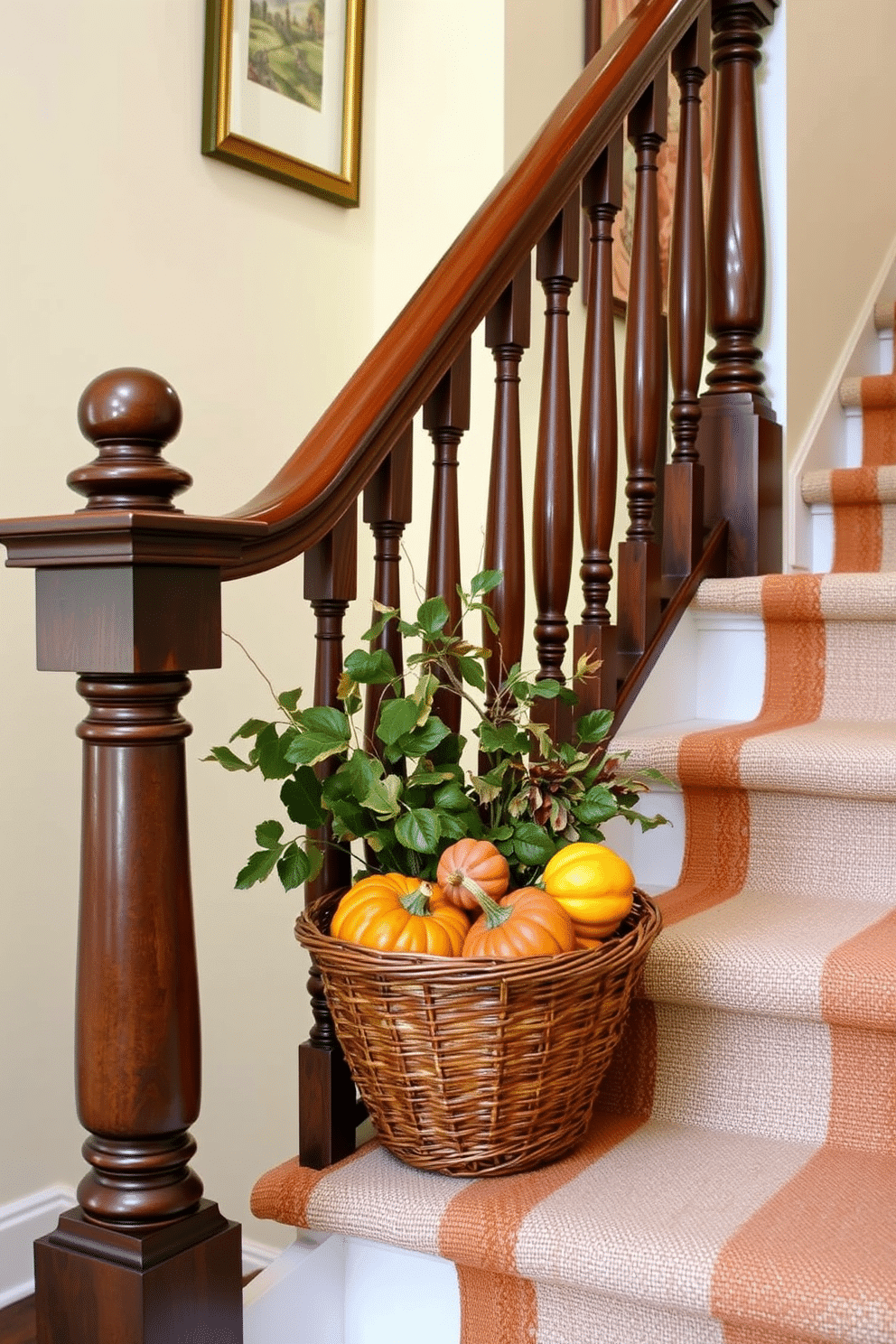 A beautifully decorated staircase adorned with a basket of colorful gourds resting on the steps. The staircase features rich wooden railings and a warm neutral runner that complements the autumnal hues of the gourds.