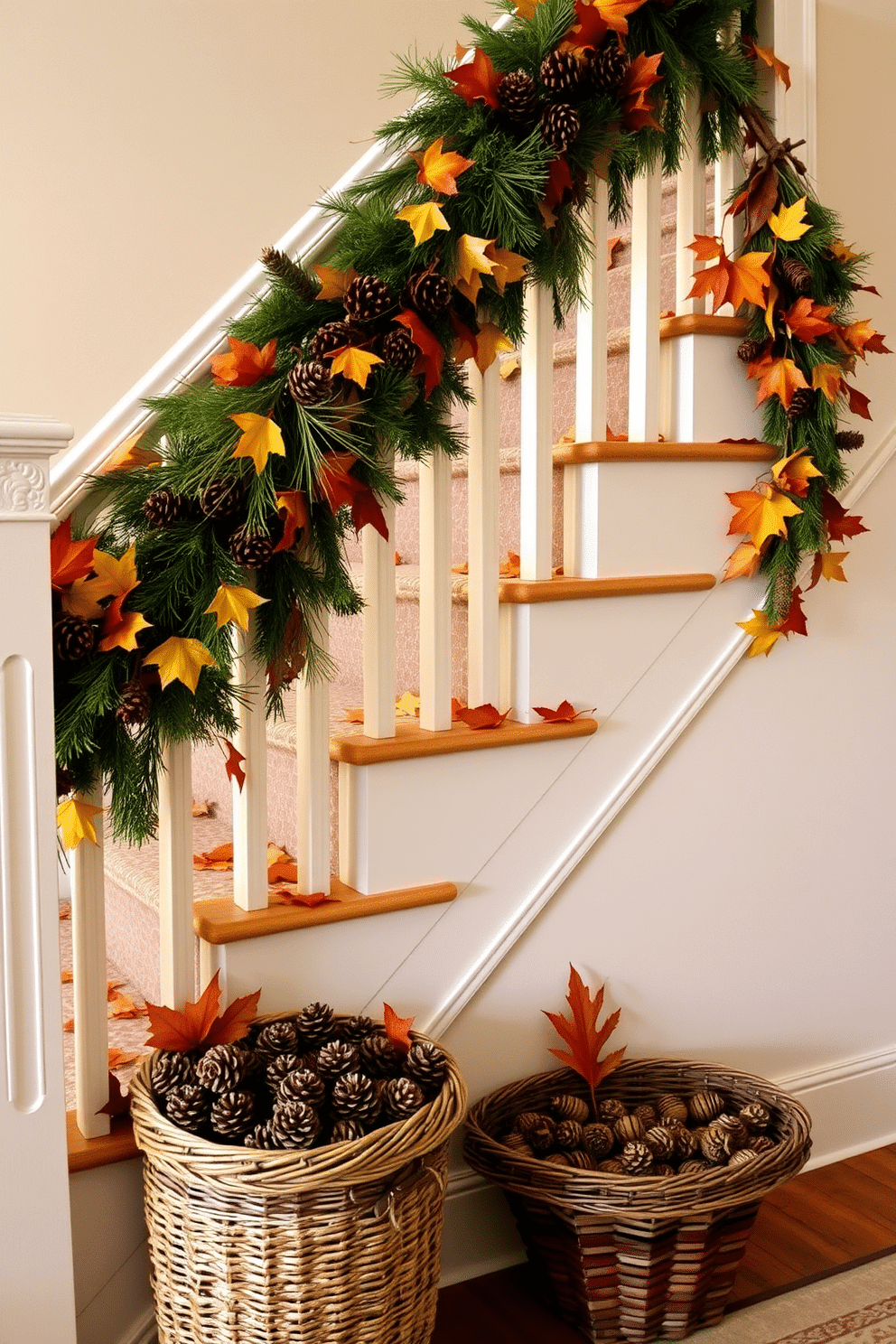 A cozy staircase adorned with natural elements for fall. Pinecones are artfully arranged along the banister, complemented by clusters of vibrant autumn leaves scattered on the steps. Soft, warm lighting illuminates the space, enhancing the rich colors of the season. A woven basket filled with pinecones sits at the base of the staircase, inviting a sense of warmth and comfort.