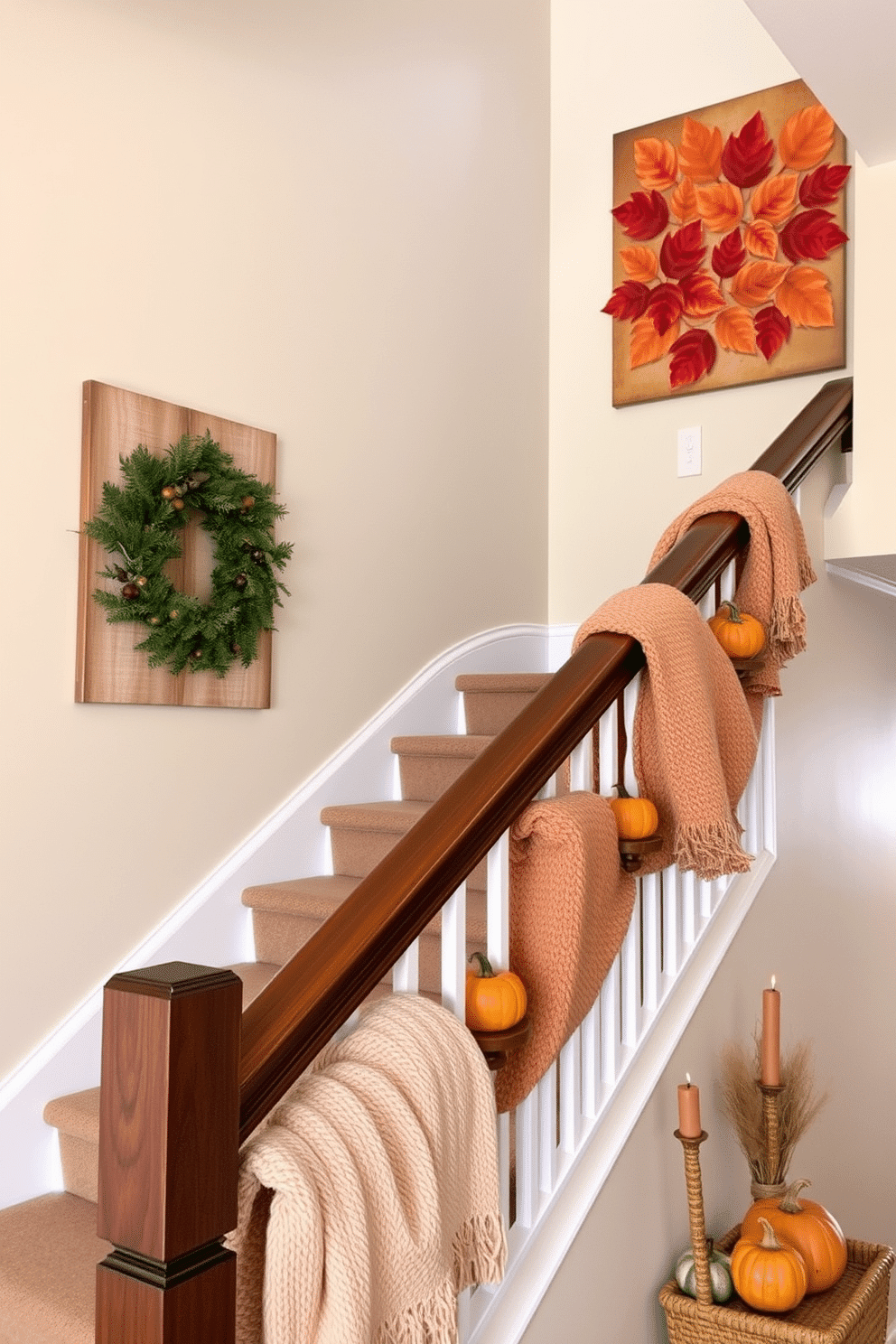 A cozy staircase adorned for fall features a series of warm-toned decorations. The walls are enhanced with a beautiful fall-themed wall art piece showcasing vibrant autumn leaves in rich oranges and deep reds. The staircase is lined with small pumpkins and gourds in various sizes, adding a festive touch. Soft, textured blankets in earthy colors are draped over the banister, inviting warmth and comfort to the space.