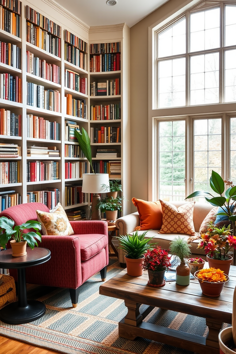 Create a cozy reading nook featuring floor-to-ceiling bookshelves filled with an array of colorful books. A plush armchair in a rich fabric is positioned next to a small side table, perfect for holding a steaming cup of tea. Design a sunroom that embraces the warmth of fall with large windows allowing natural light to flood the space. Incorporate warm-toned cushions and throws, along with a rustic wooden coffee table surrounded by vibrant potted plants.