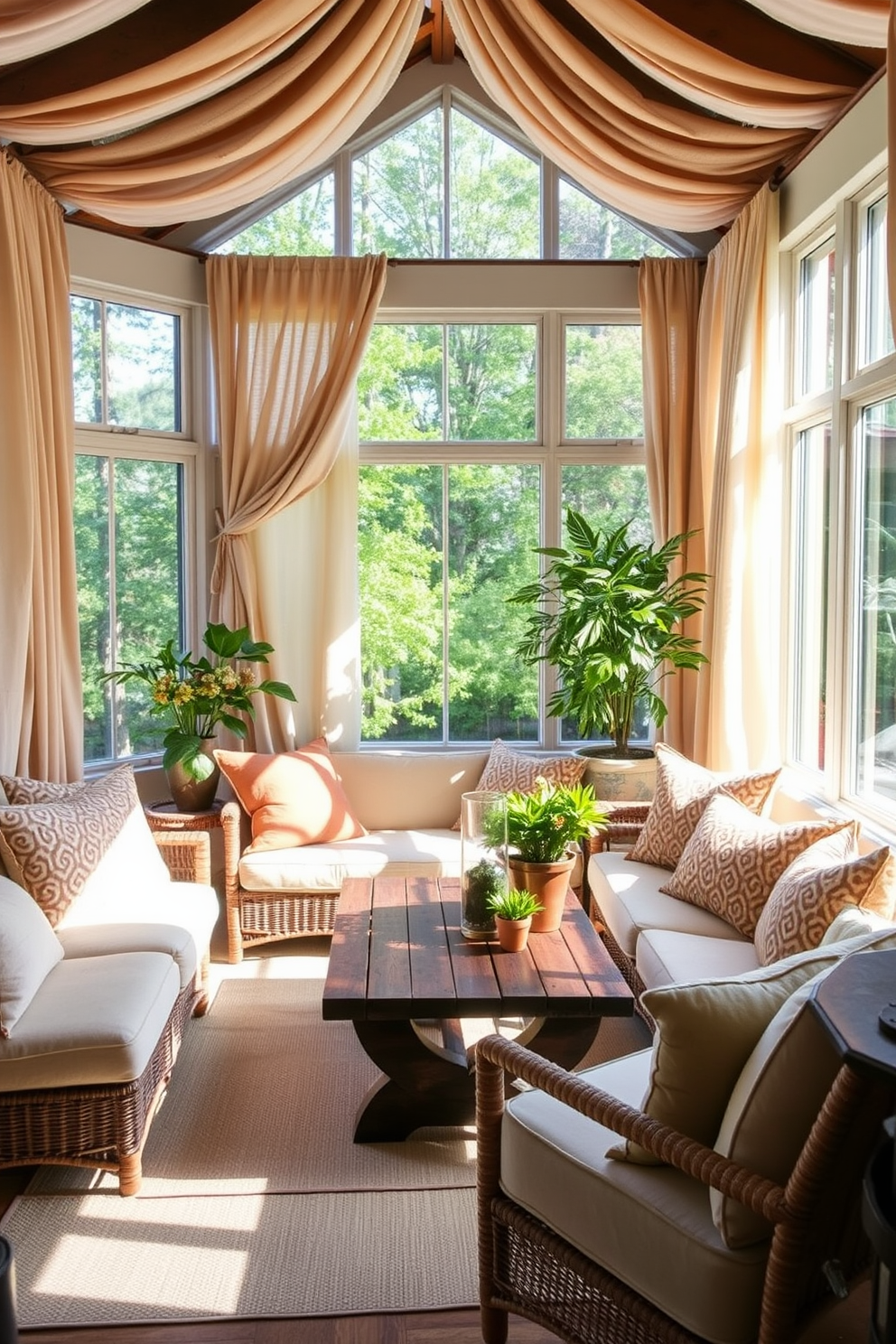 Create a cozy sunroom filled with natural light. Use soft, inviting fabrics for the curtains that gently drape from the ceiling to the floor. Incorporate comfortable seating with plush cushions in warm, earthy tones. Add a rustic wooden coffee table at the center, surrounded by potted plants and a few decorative accents.