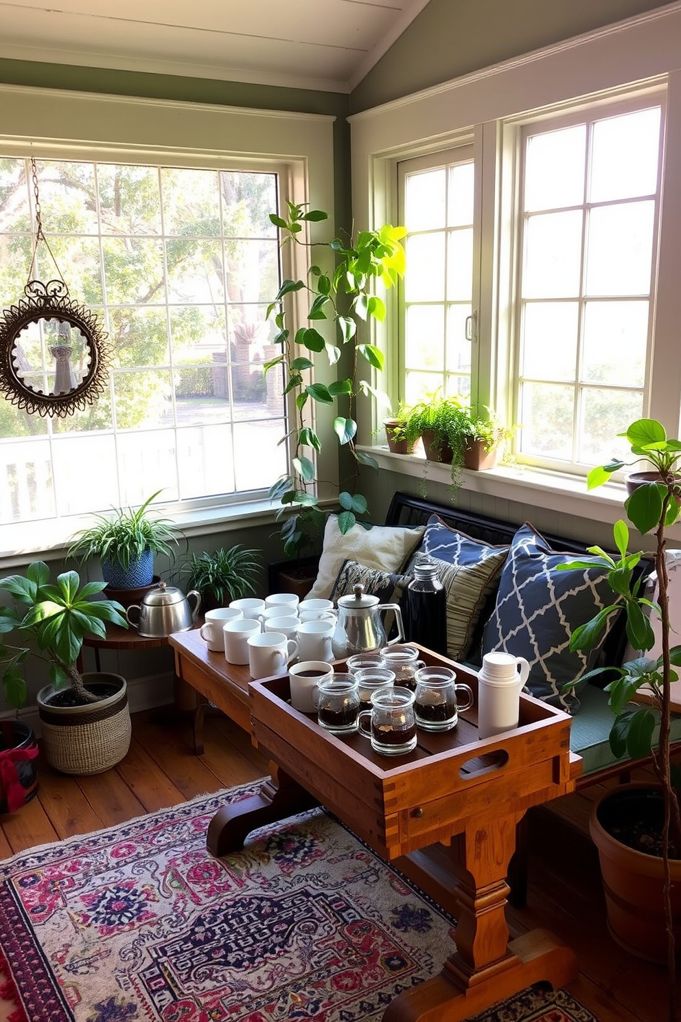 A cozy hot beverage station is set up in the corner of a sunroom. It features a rustic wooden table with a vintage kettle, an assortment of mugs, and a selection of teas and coffees displayed on a charming wooden tray. Surrounding the station, large windows let in warm sunlight, illuminating the space. Potted plants and soft cushions on a nearby bench create an inviting atmosphere for relaxation and enjoyment.