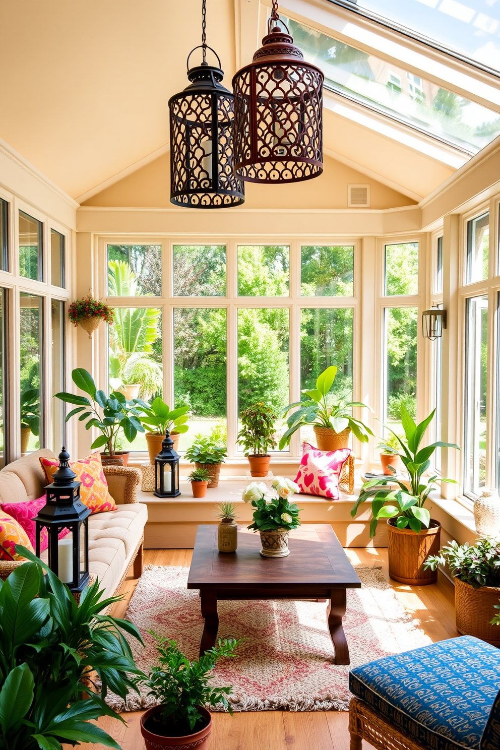 A cozy sunroom filled with natural light and vibrant greenery. Large windows surround the space, showcasing a view of the garden outside. The room features a comfortable seating area with a plush sofa adorned with colorful cushions. Decorative lanterns are placed on the coffee table and hanging from the ceiling, adding an inviting outdoor vibe. A wooden coffee table sits in the center, surrounded by potted plants and a soft area rug. The walls are painted in a warm cream color, enhancing the sunlit ambiance.