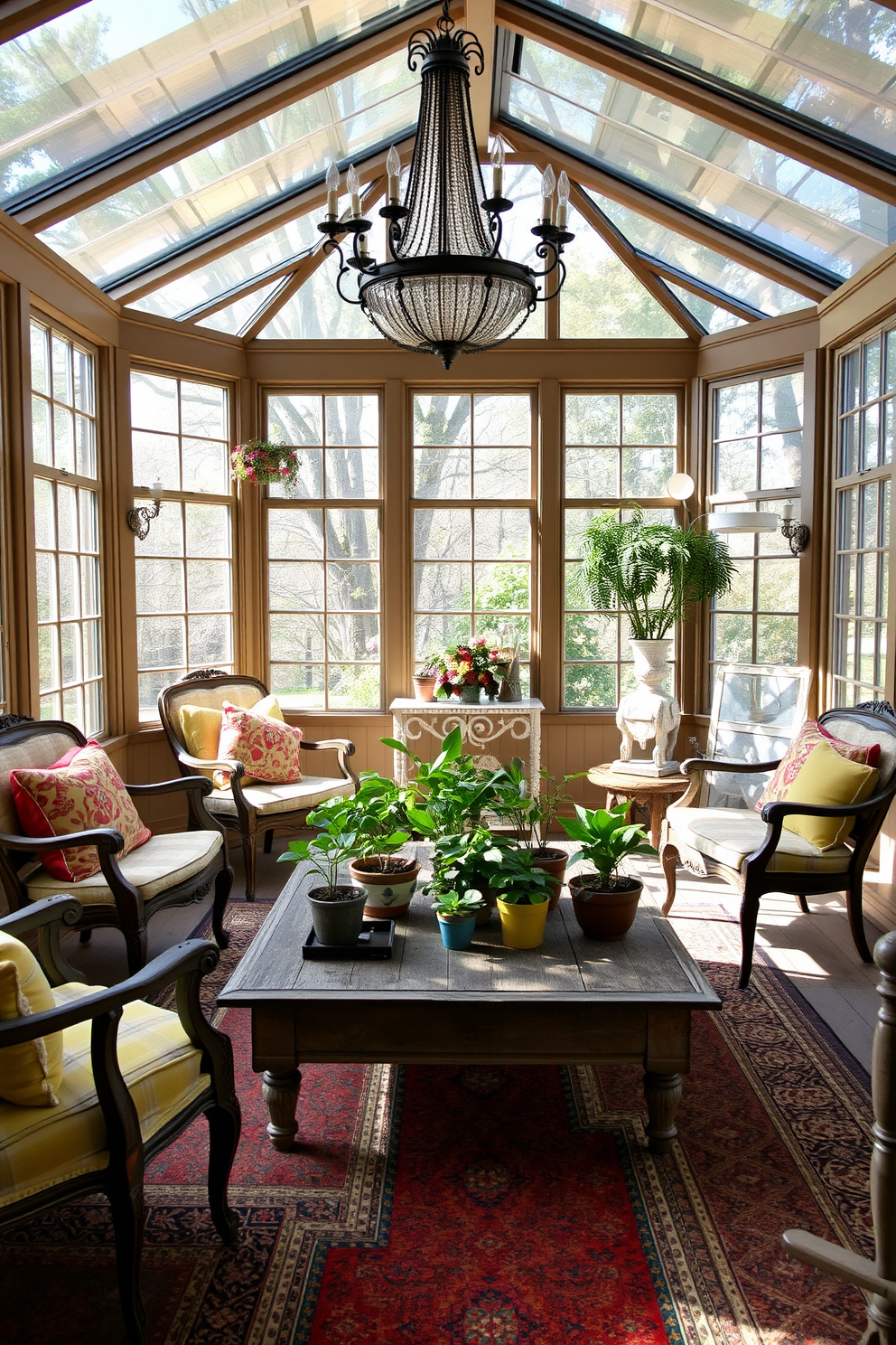 A sunroom filled with vintage finds creates a cozy and inviting atmosphere. Antique furniture pieces are paired with colorful cushions, and a weathered wooden coffee table sits in the center, adorned with a collection of potted plants. The walls are lined with large windows, allowing natural light to flood the space. A vintage chandelier hangs from the ceiling, casting a warm glow over the sunlit room, while patterned rugs add texture and warmth to the floor.