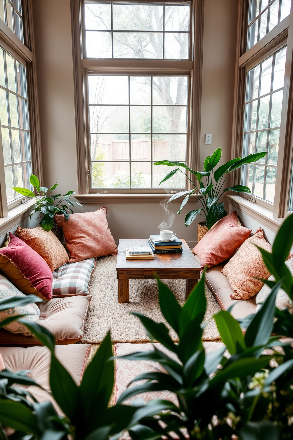 Create a cozy corner with floor cushions in a sunroom that invites relaxation. The space features large windows allowing natural light to flood in, with soft, warm colors enhancing the inviting atmosphere. Add a low wooden table in the center, adorned with a stack of books and a steaming cup of tea. Surround the area with lush green plants to bring a touch of nature indoors, creating a serene escape for reading or enjoying a quiet moment.