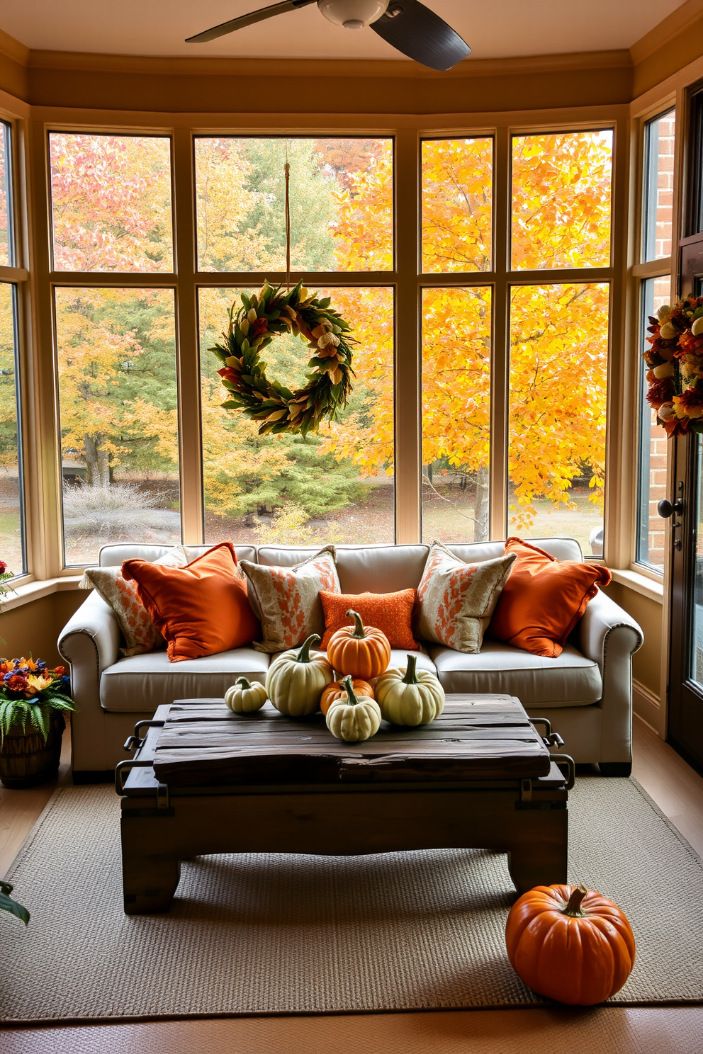 A cozy sunroom filled with warm autumn colors. The walls are adorned with large windows that let in natural light, showcasing a view of vibrant fall foliage outside. In the center, a comfortable seating area features plush, orange and brown cushions on a soft beige sofa. A rustic wooden coffee table holds a collection of pumpkins and a seasonal wreath on the door adds a festive touch.