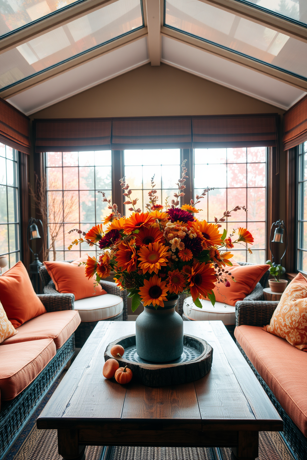 A cozy sunroom filled with natural light. Fresh flowers in autumn hues are elegantly arranged in a rustic vase on a wooden table, surrounded by comfortable seating. The walls are adorned with warm-toned decor that complements the seasonal theme. Plush cushions in rich oranges and deep reds invite relaxation while large windows showcase the vibrant fall foliage outside.