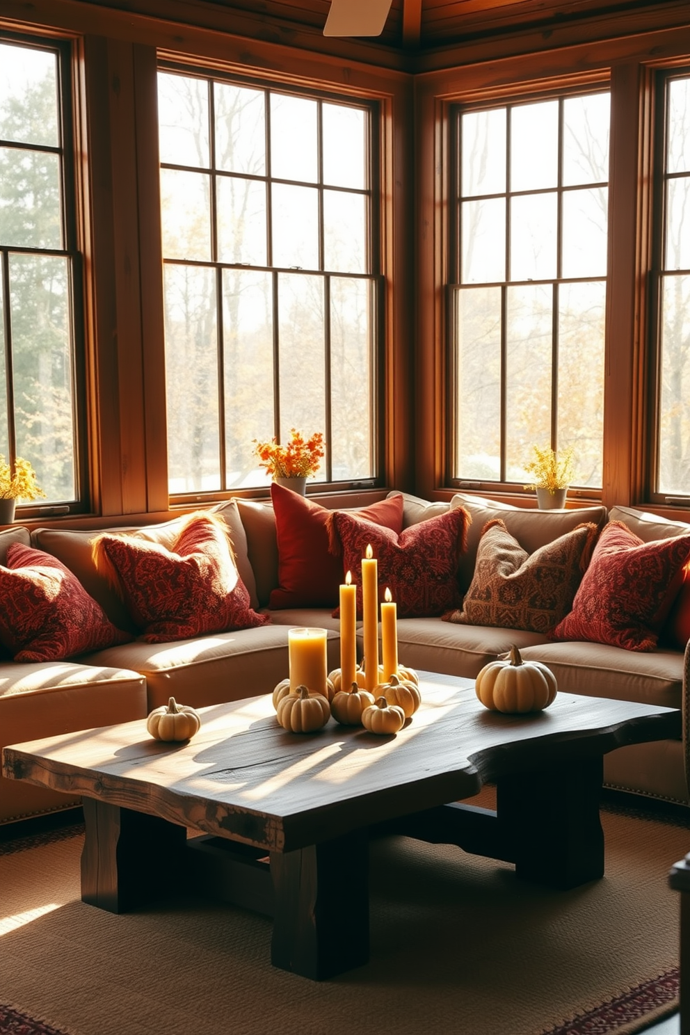 A cozy sunroom filled with natural light. The seating area features warm autumn-colored pillows in shades of orange, red, and yellow, arranged on a plush sectional sofa. Large windows allow the golden sunlight to filter in, highlighting the rich textures of the pillows. A rustic wooden coffee table sits in the center, adorned with seasonal decorations like small pumpkins and candles.