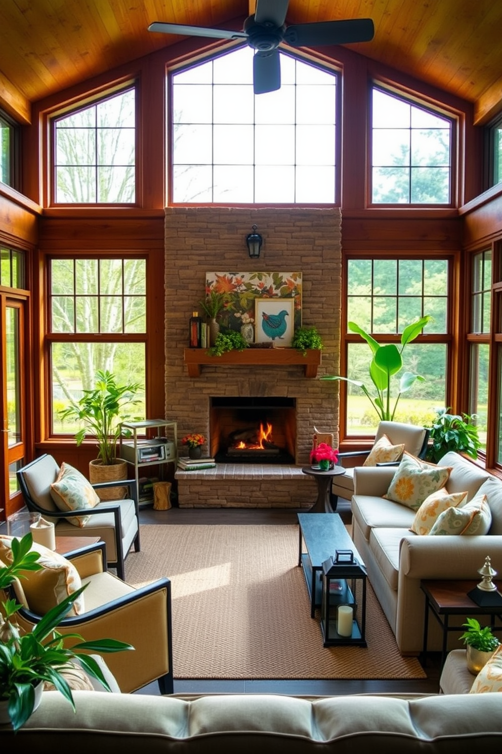 A cozy sunroom features a large fireplace as the focal point, surrounded by comfortable seating options like plush armchairs and a soft sofa. Natural light floods the space through expansive windows, highlighting the warm tones of wood and inviting decor elements. Incorporate seasonal accents such as colorful throw pillows and a textured area rug to enhance the inviting atmosphere. Lush green plants and decorative lanterns add a touch of nature and warmth, creating a perfect retreat for relaxation.