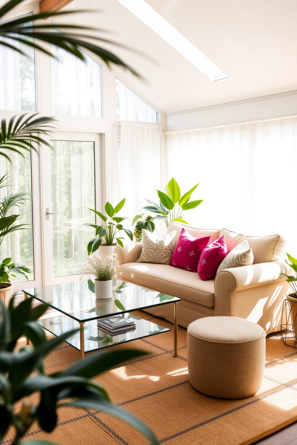 A bright and inviting sunroom filled with natural light. Large windows with sheer white curtains frame the space, allowing sunlight to pour in and illuminate the room. In the center, a plush sectional sofa in soft beige is adorned with vibrant throw pillows. A glass coffee table with metallic legs adds a touch of elegance, reflecting the sunlight beautifully. Lush green plants in decorative pots are placed in the corners, enhancing the fresh atmosphere. A woven rug underfoot provides warmth and texture, complementing the overall decor.