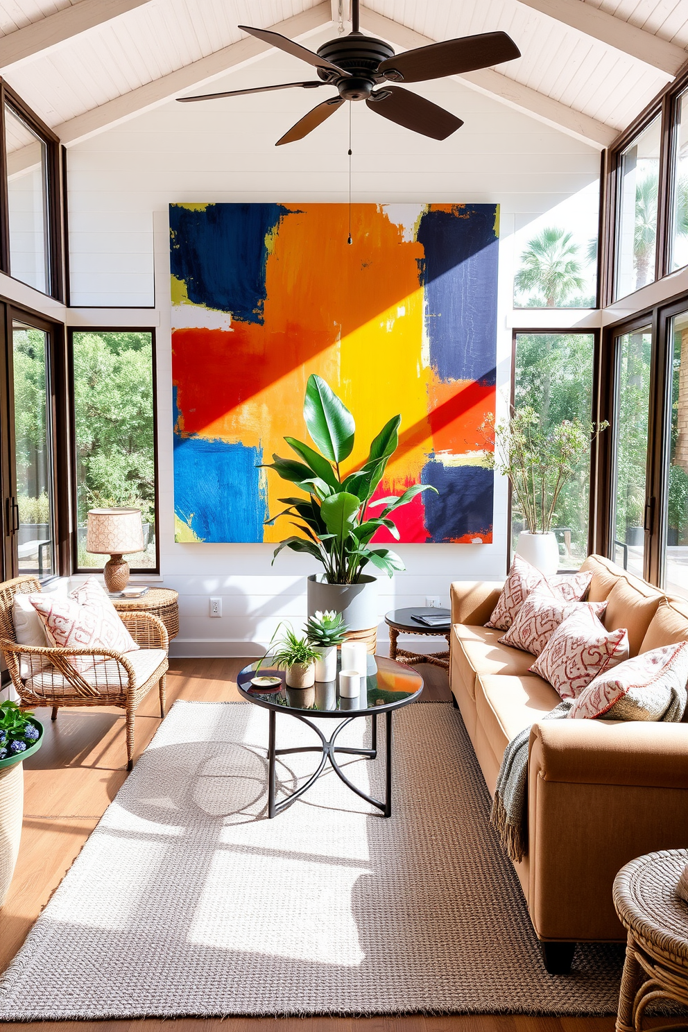 A bright and inviting sunroom filled with natural light. The centerpiece is a large, colorful statement piece, such as a vibrant abstract painting or an oversized potted plant, drawing the eye and setting the tone for the space. Surround the focal point with comfortable seating, like a plush sectional sofa in soft earth tones. Add decorative pillows and a cozy throw blanket to enhance the inviting atmosphere, complemented by a textured area rug underfoot.