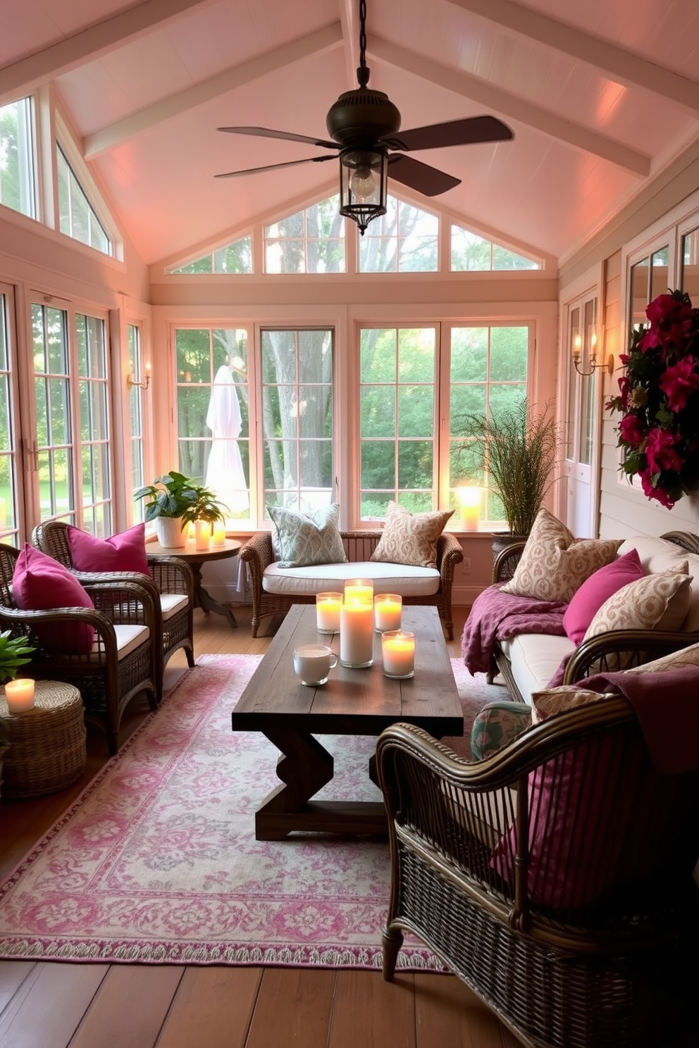 Create a cozy sunroom filled with natural light. Incorporate soft, ambient lighting using candles placed on various surfaces to enhance the warm atmosphere. Use a mix of comfortable seating options, such as a plush sofa and wicker chairs, arranged around a rustic wooden coffee table. Add vibrant throw pillows and a soft area rug to create an inviting and relaxing space.