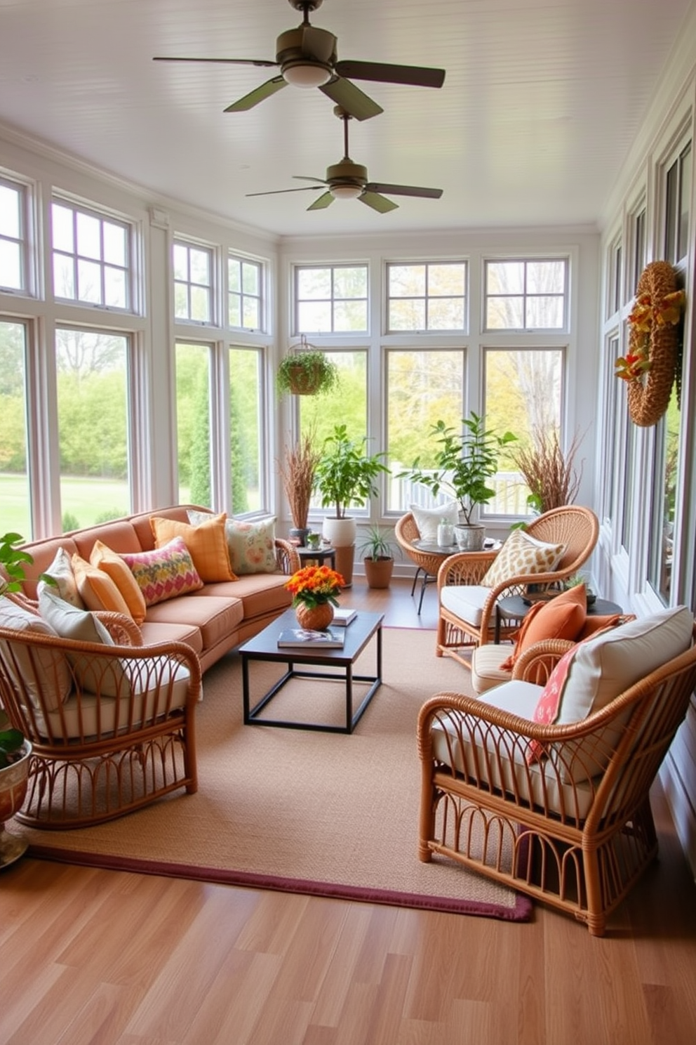 A bright and inviting sunroom features a mix of seating options including a plush sectional sofa adorned with colorful throw pillows and a pair of rattan armchairs with soft cushions. Large windows allow natural light to flood the space, while potted plants add a touch of greenery and warmth to the fall decor. In one corner, a cozy reading nook is created with a comfortable armchair and a small side table for books and a warm beverage. The floor is covered with a soft area rug that complements the autumn color palette, enhancing the inviting atmosphere of the sunroom.