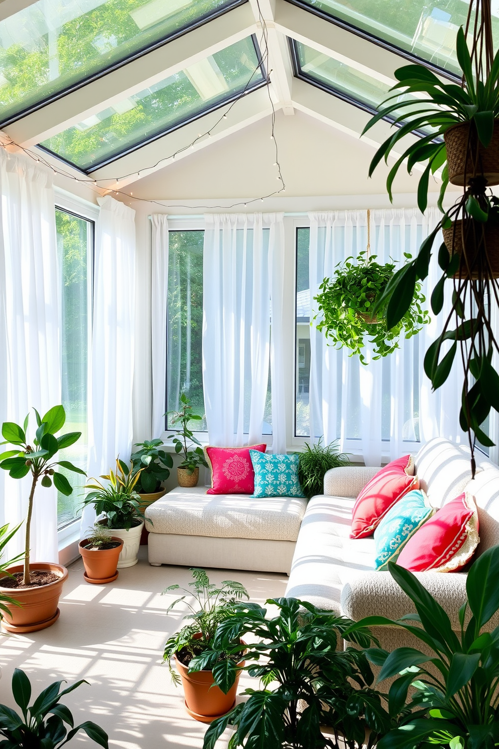 A bright sunroom filled with natural light and vibrant greenery. The space features a cozy seating area with a plush, oversized sofa adorned with colorful cushions, surrounded by large windows draped with sheer white curtains. Add a touch of whimsy with fairy lights strung across the ceiling beams. Potted plants in various sizes are placed throughout the room, creating a lively atmosphere perfect for relaxation and enjoyment.