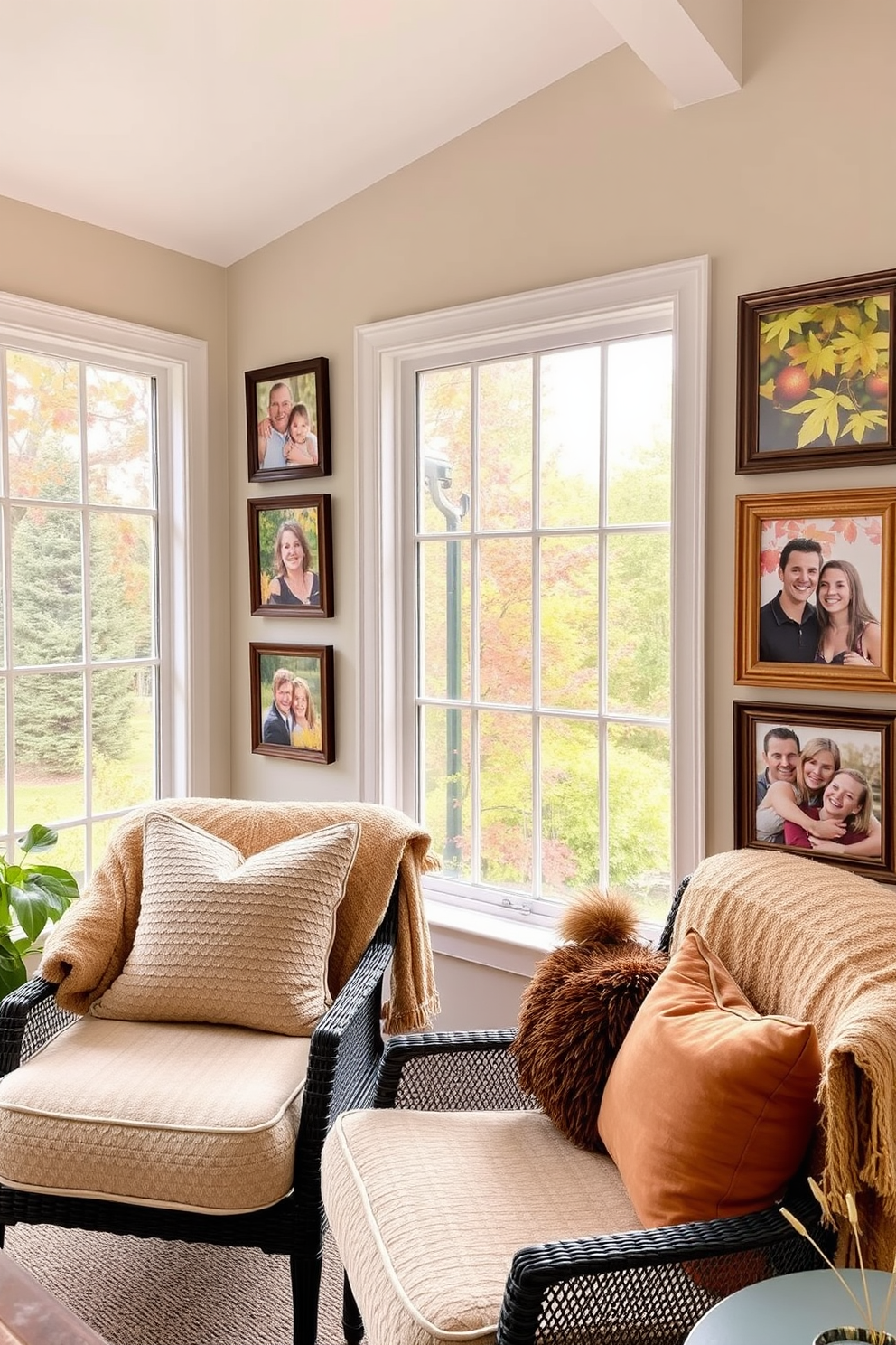 A cozy sunroom filled with natural light. The walls are adorned with family photos in autumn-themed frames, showcasing vibrant leaves and warm colors. A comfortable seating area features plush cushions in earthy tones. Decorative throw blankets are draped over the chairs, inviting relaxation and warmth.