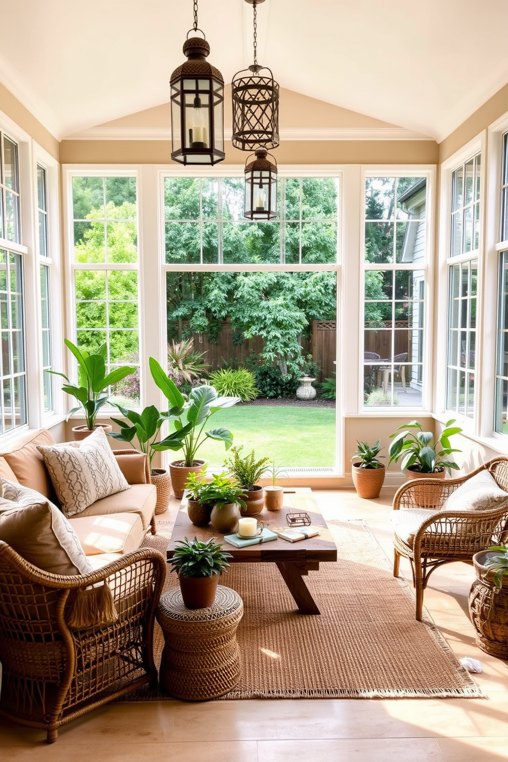 A serene sunroom filled with natural light. The walls are painted in soft beige and adorned with large windows that open to a lush garden. A comfortable seating area features a plush, earthy-toned sofa paired with woven rattan chairs. A rustic wooden coffee table sits in the center, surrounded by potted plants and textured throw pillows. The floor is covered with a natural fiber rug that adds warmth to the space. Decorative lanterns hang from the ceiling, casting a gentle glow in the evening light.