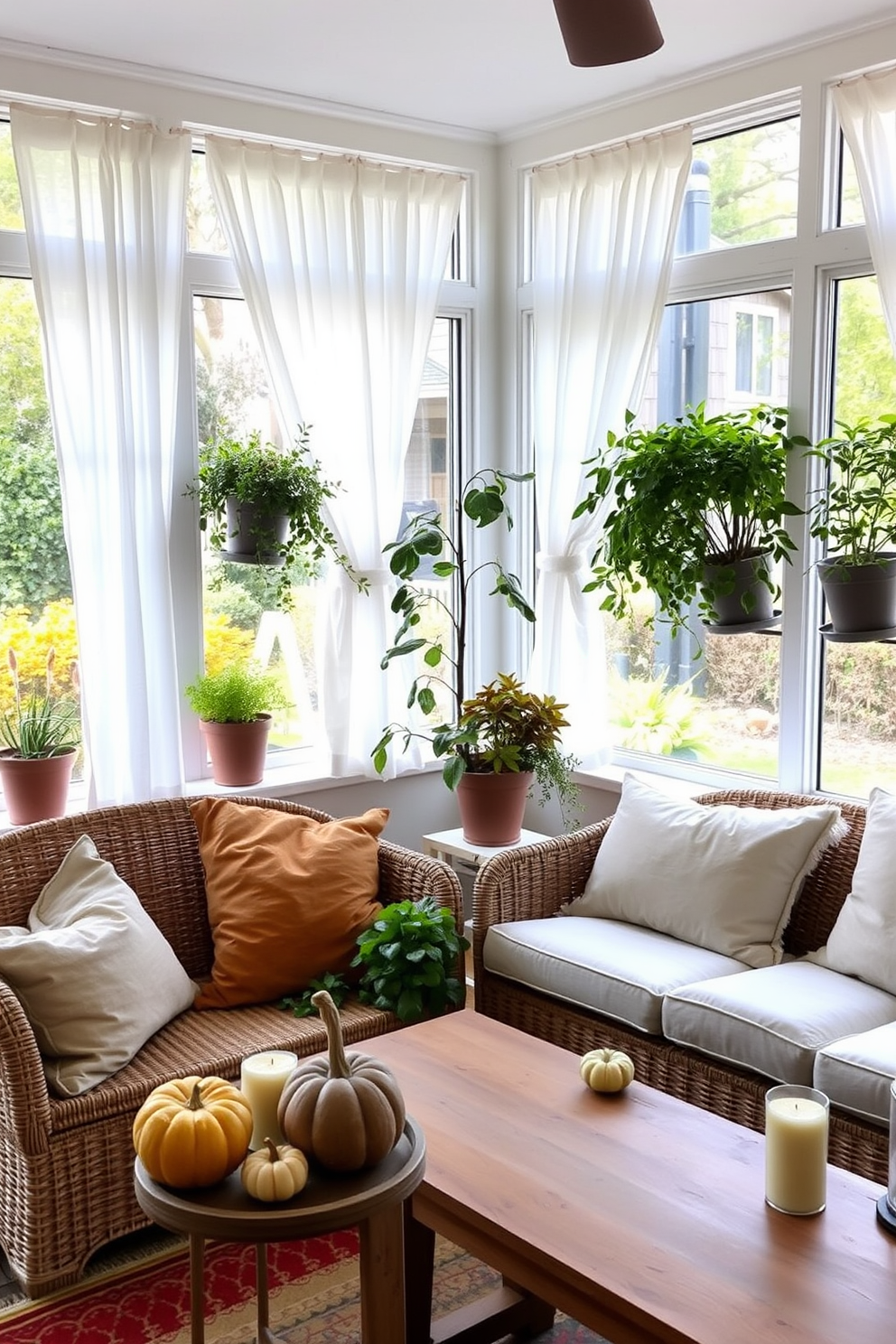 A cozy sunroom filled with natural light, featuring large windows adorned with sheer white curtains. In one corner, a vibrant indoor herb garden thrives in stylish pots, adding a touch of freshness and greenery to the space. The seating area includes a comfortable rattan sofa with plush cushions in warm autumn colors. A wooden coffee table sits in front, adorned with seasonal decorations like pumpkins and candles, creating an inviting atmosphere for relaxation.