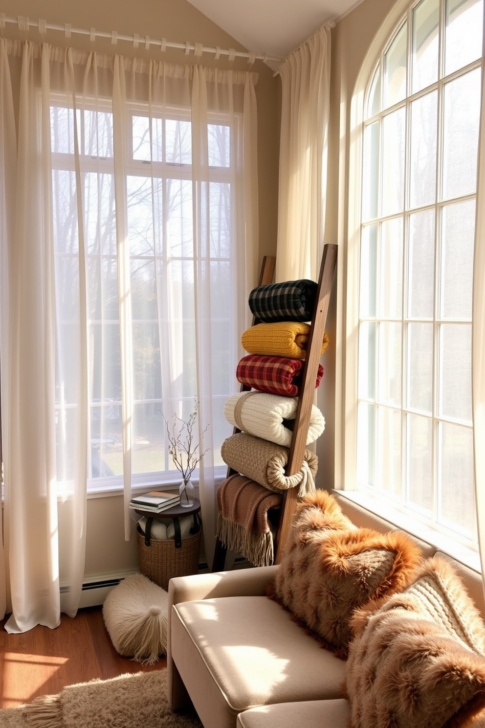 A cozy sunroom filled with natural light. The space features large windows adorned with sheer curtains that gently diffuse the sunlight. In one corner, a stylish blanket ladder leans against the wall, showcasing an array of soft, textured throws in warm autumn colors. A comfortable seating area includes a plush sofa with seasonal pillows, inviting relaxation and warmth.