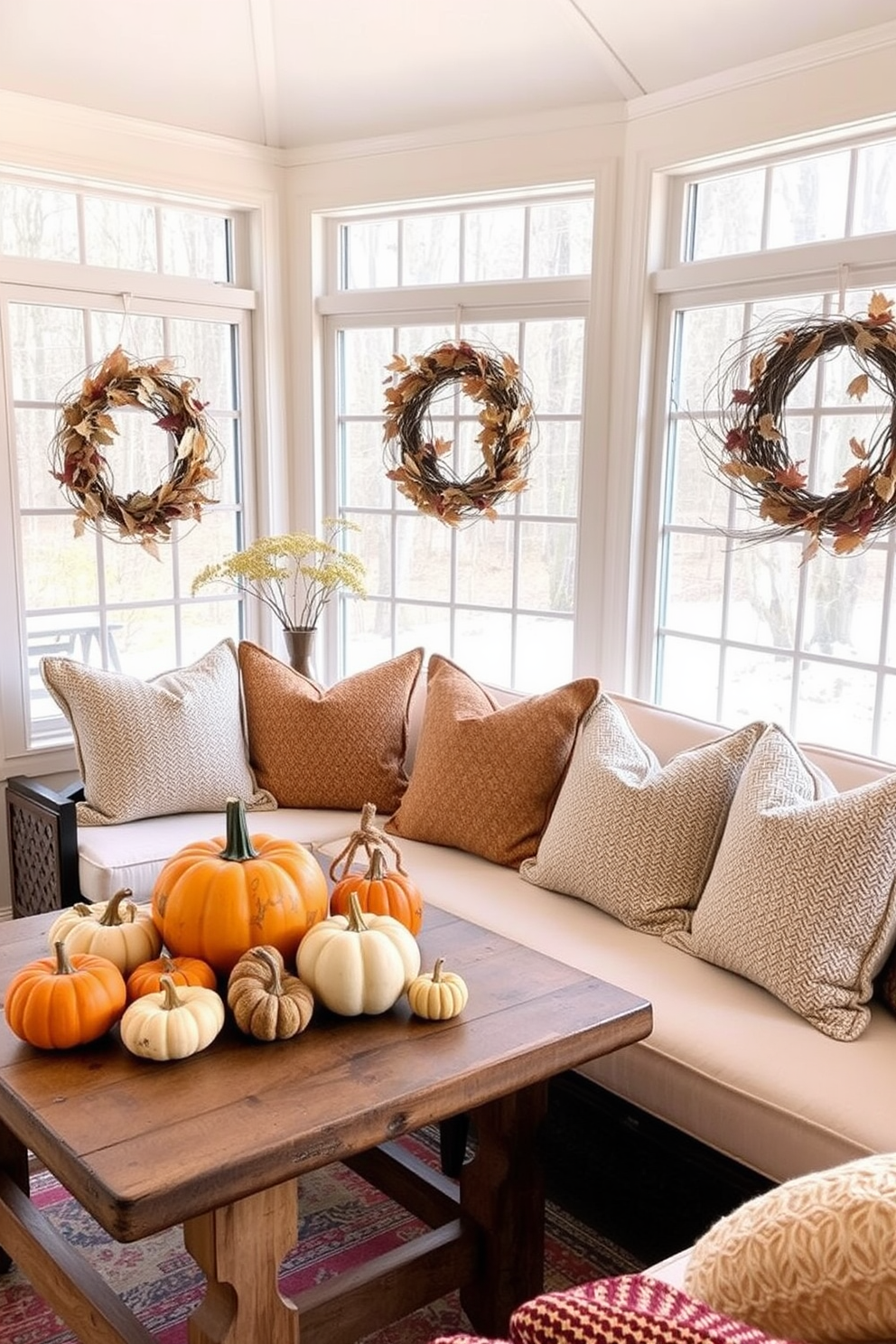 A cozy sunroom filled with natural light. Seasonal pumpkins and gourds are arranged on a rustic wooden table, creating a warm and inviting atmosphere. Soft, textured throw pillows in autumn colors adorn the seating area. Wreaths made of dried leaves and twigs hang on the windows, enhancing the fall theme.