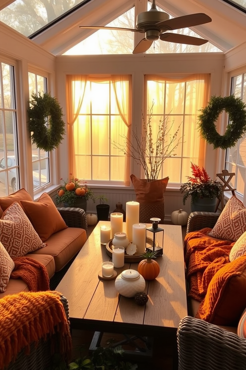 A cozy sunroom infused with the warm scents of fall. Soft golden light filters through large windows adorned with sheer curtains, illuminating a collection of candles and diffusers placed on a rustic wooden table. Plush seating in rich autumn colors invites relaxation, while throw blankets in deep oranges and browns add texture. Potted plants and seasonal decorations, like small pumpkins and gourds, create a welcoming atmosphere perfect for enjoying the crisp air.